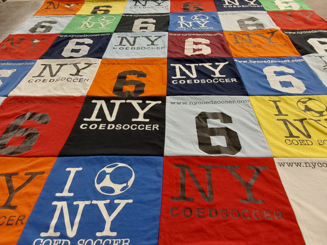 T-shirt quilt with soccer, sports themes by Kara from TN