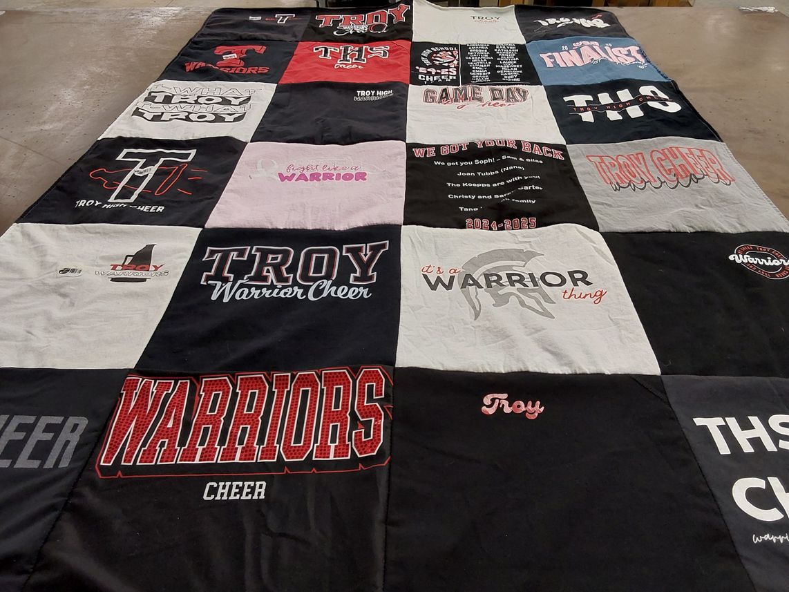 T-shirt quilt featuring troy high school cheerleading team by Amy from CA