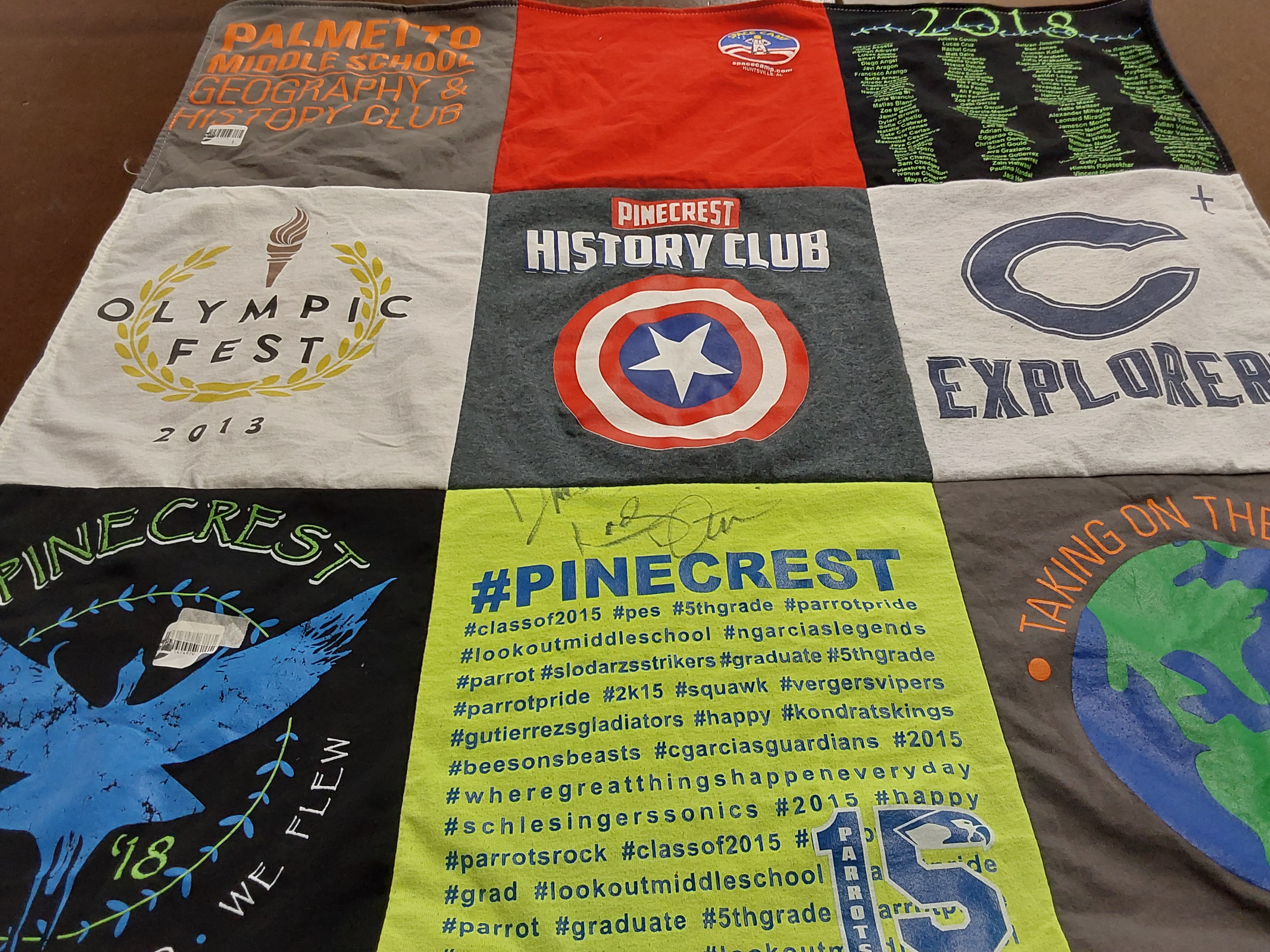T-shirt quilt from palmetto middle school, pinecrest middle school by Rosalyn from FL