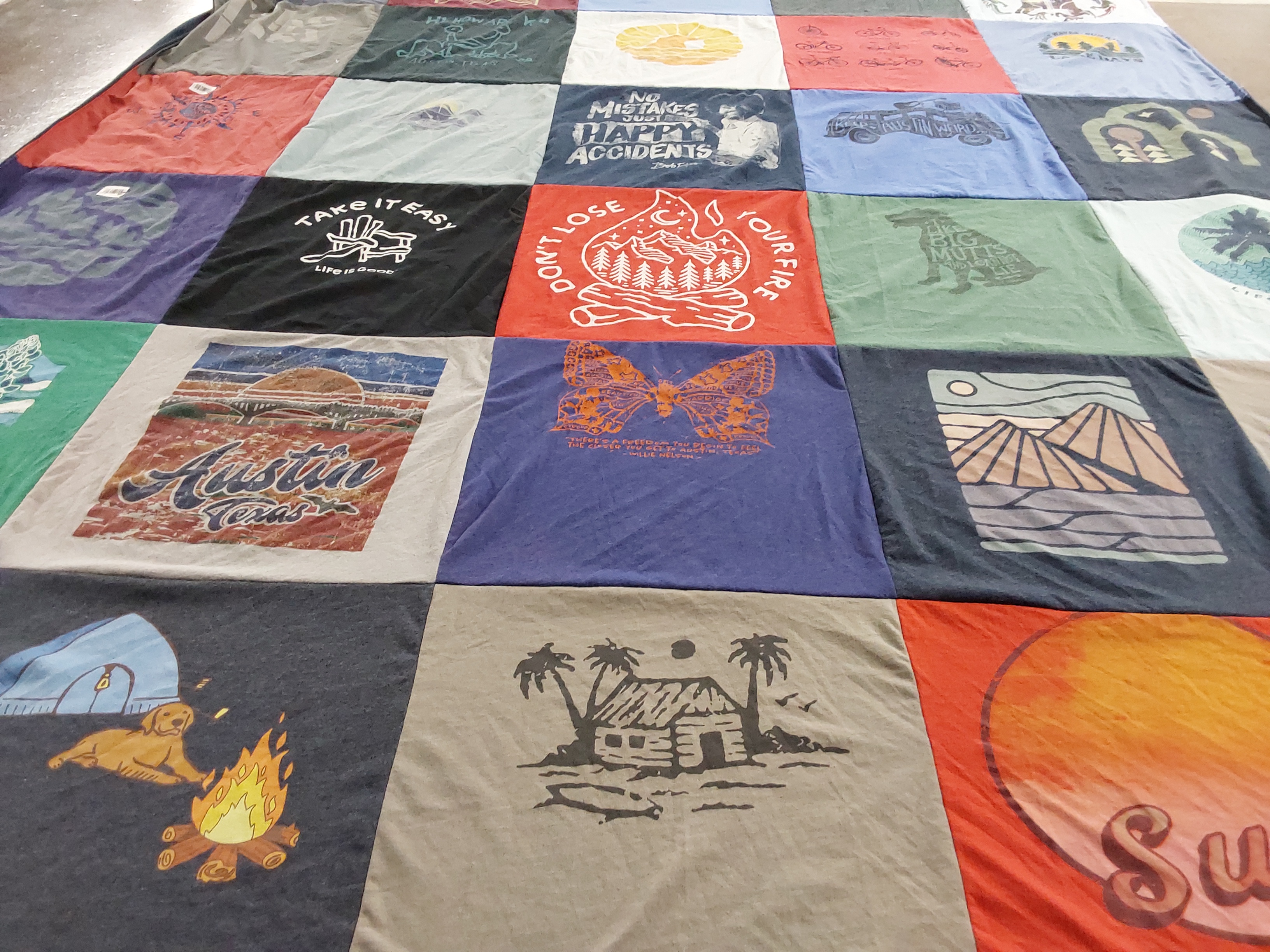 T-shirt quilt with camping, outdoors themes by Kathy from TX