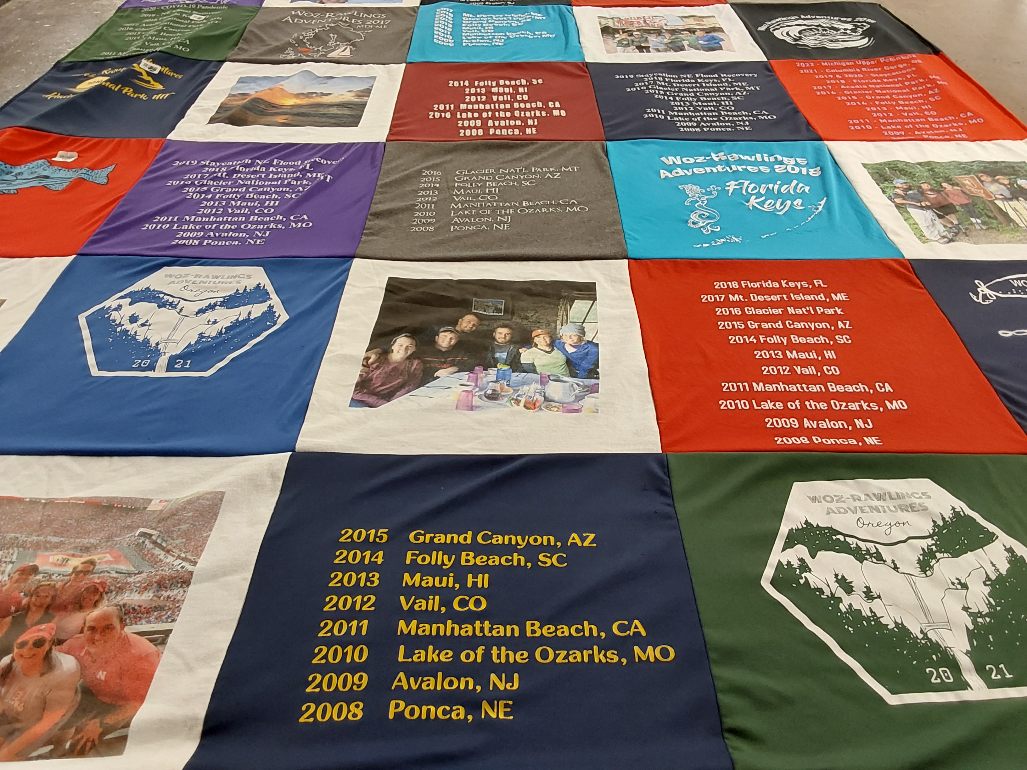 T-shirt quilt with traveling, adventure themes by Meaghen from NE