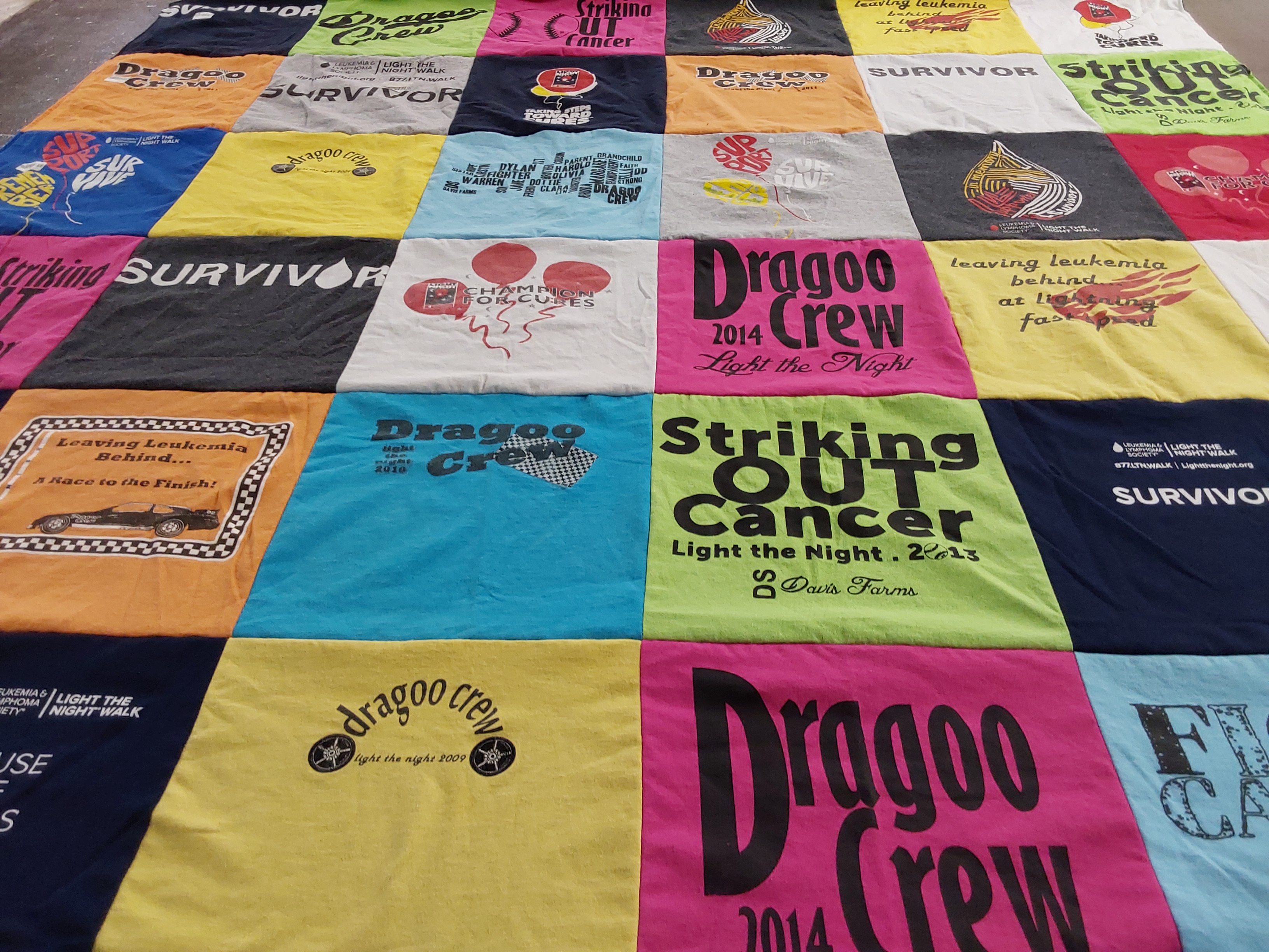 T-shirt quilt with cancer awareness, leukemia research themes by Kim from KS