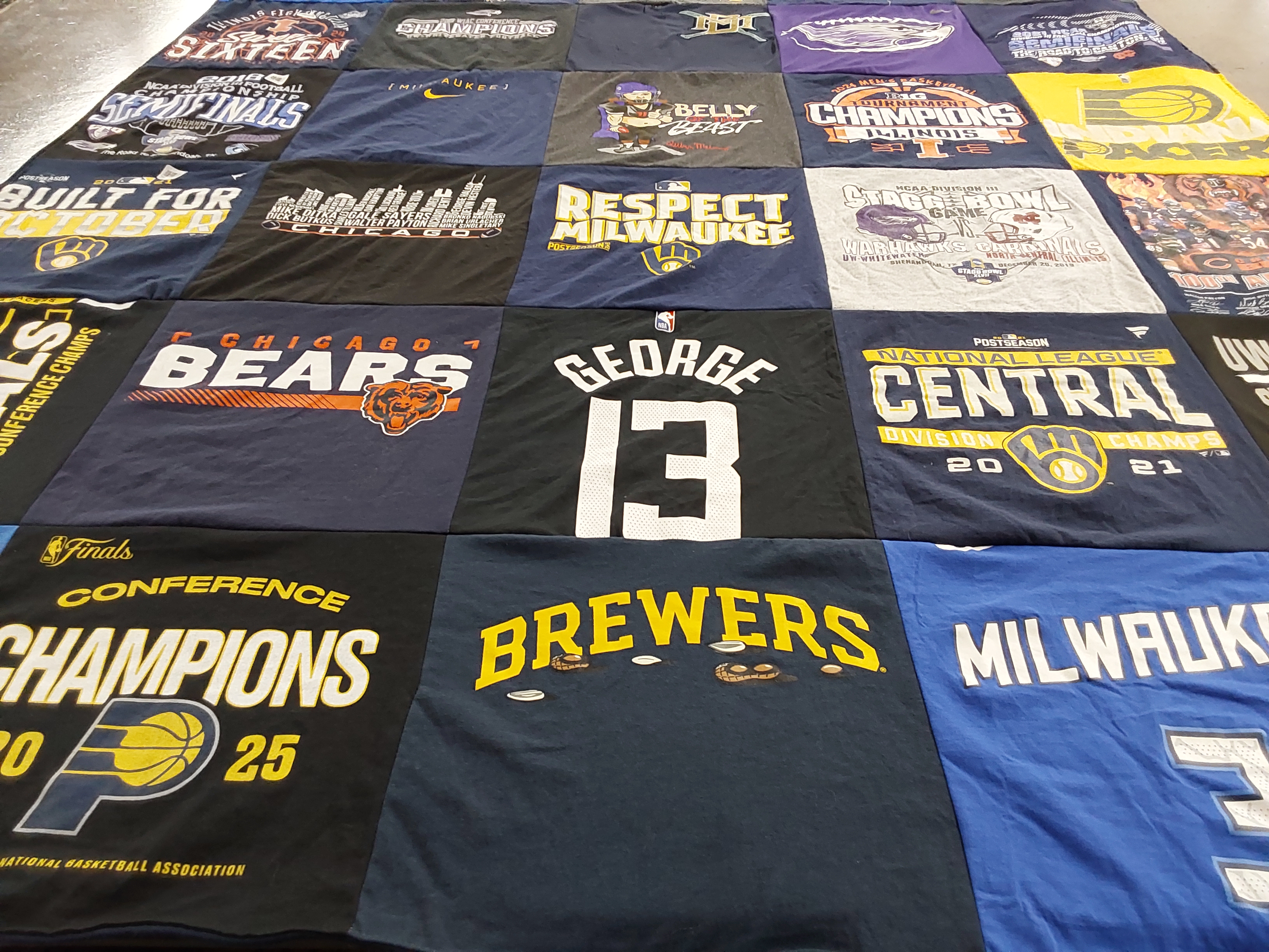 T-shirt quilt featuring chicago bears, milwaukee brewers by Emily from WI
