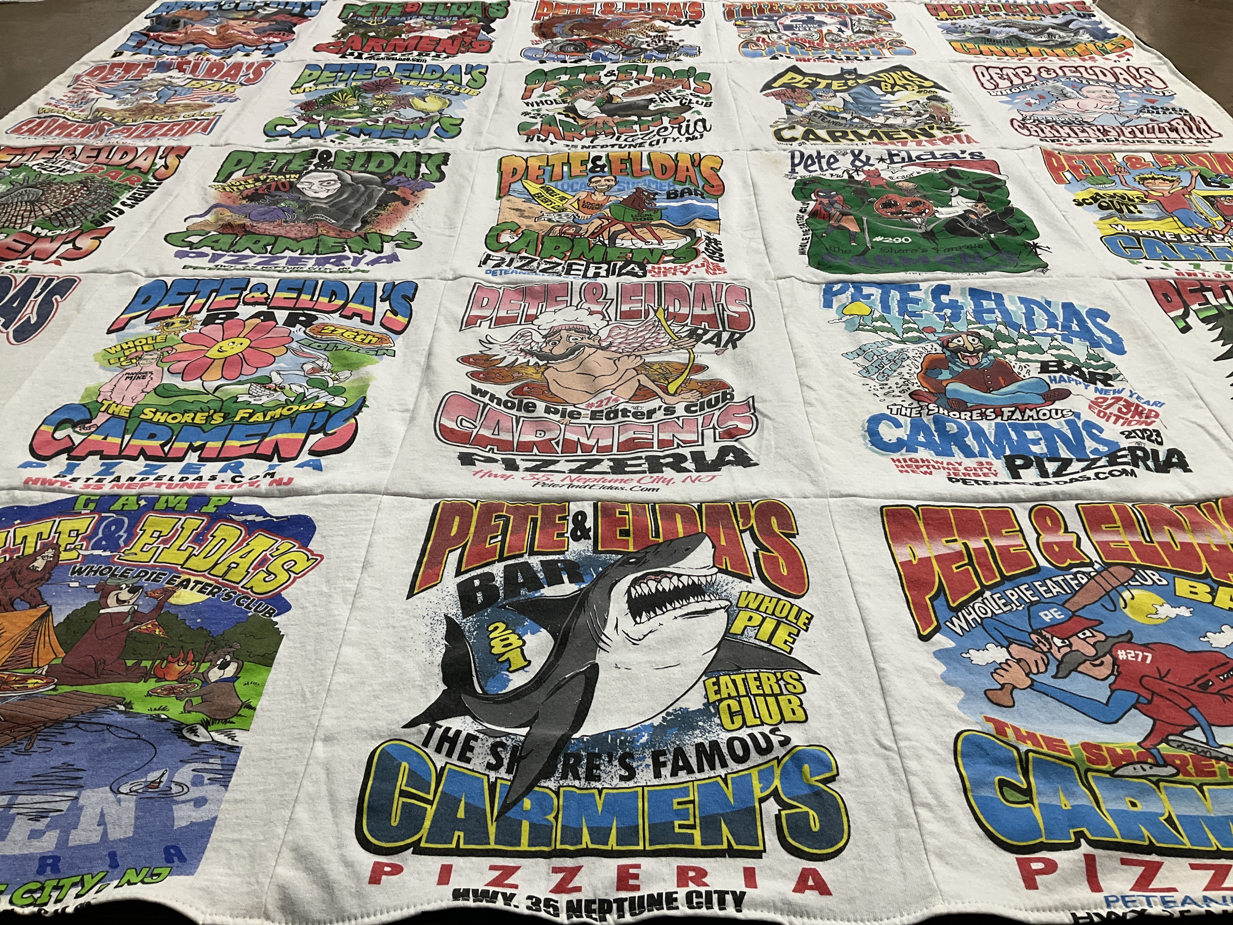 T-shirt quilt with pizza, eating out themes by Kathleen from NJ
