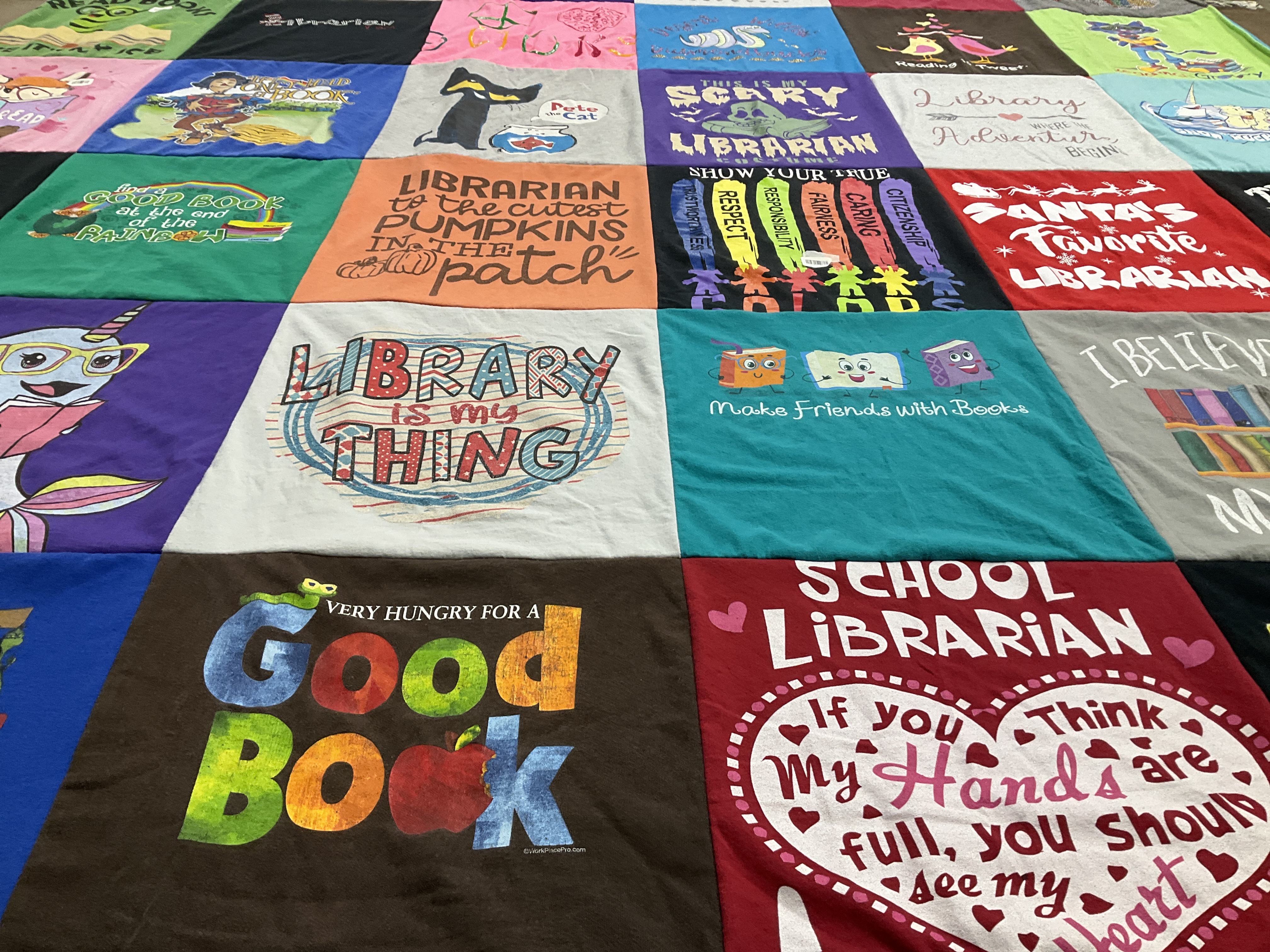 T-shirt quilt with reading, literature themes by Darlene from NM