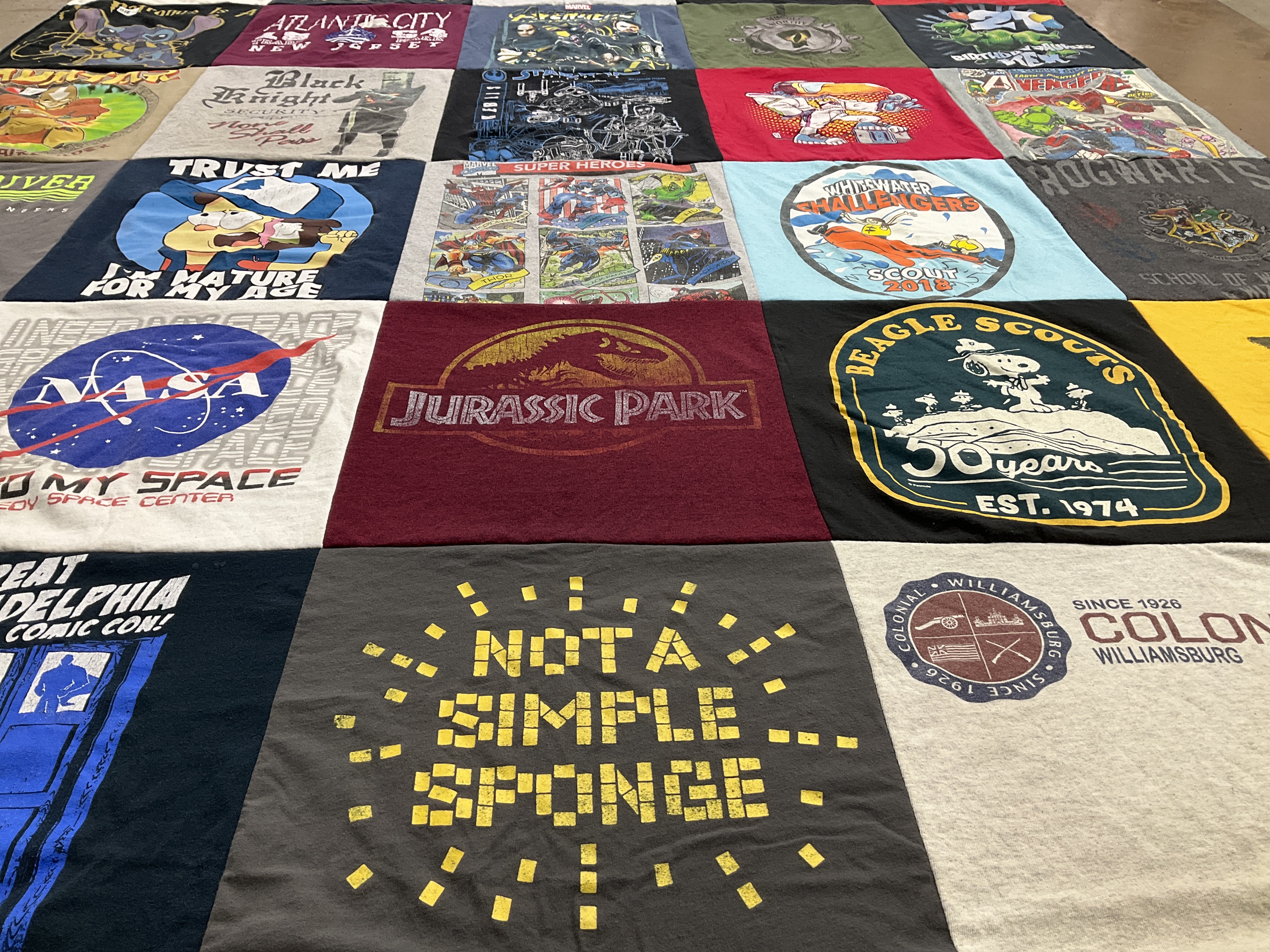 T-shirt quilt with space, comic books themes by Janet from PA