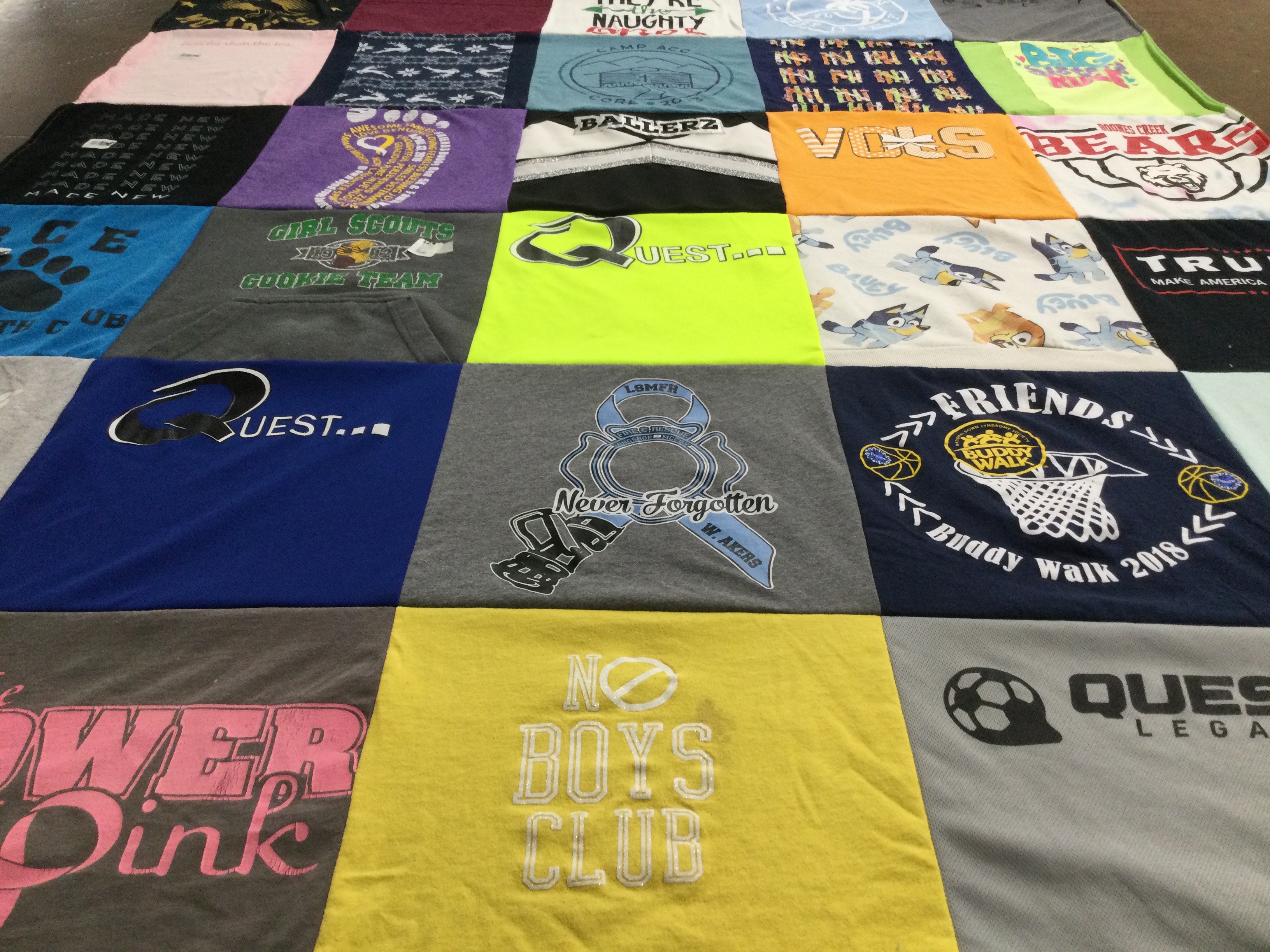 T-shirt quilt with girl scouts, sports themes by Stacy from TN
