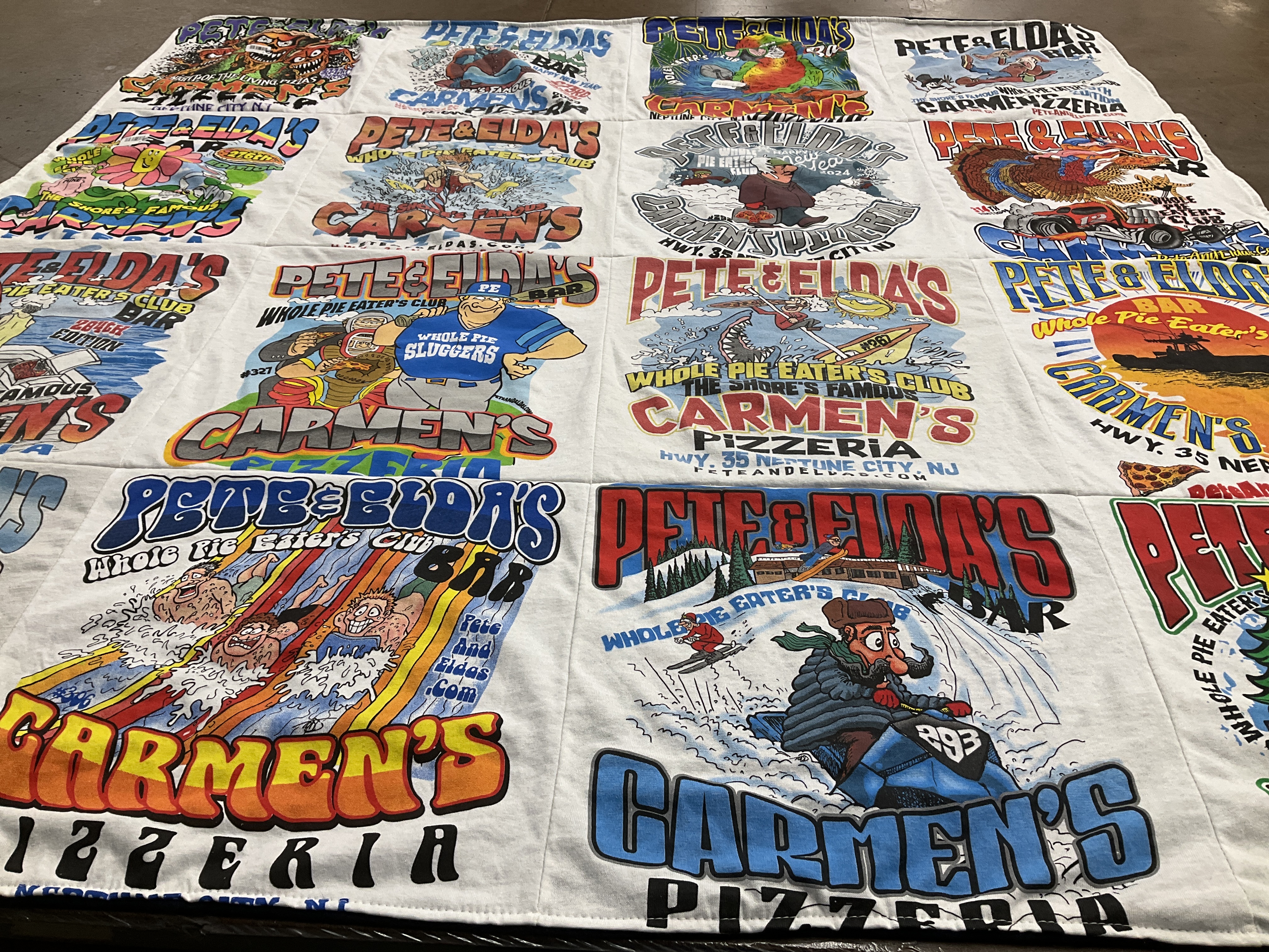 T-shirt quilt with pizza, eating contests themes by Lisa from NJ