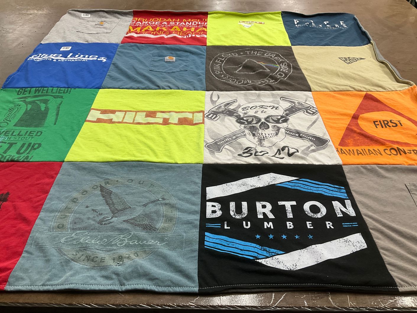 T-shirt quilt with outdoor activities, construction themes by Jessica from UT