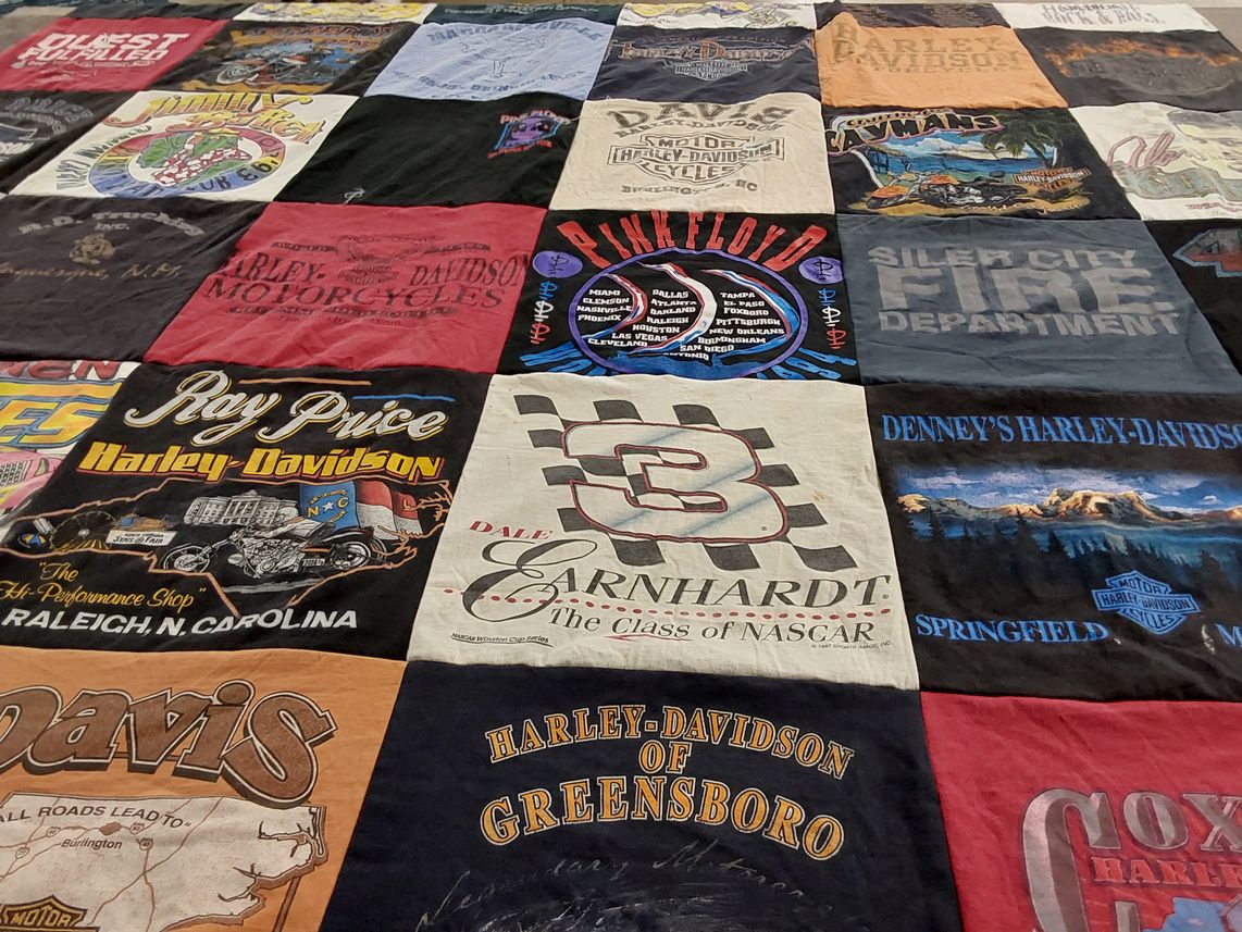 T-shirt quilt with motorcycles, nascar themes by Mitchell from NC