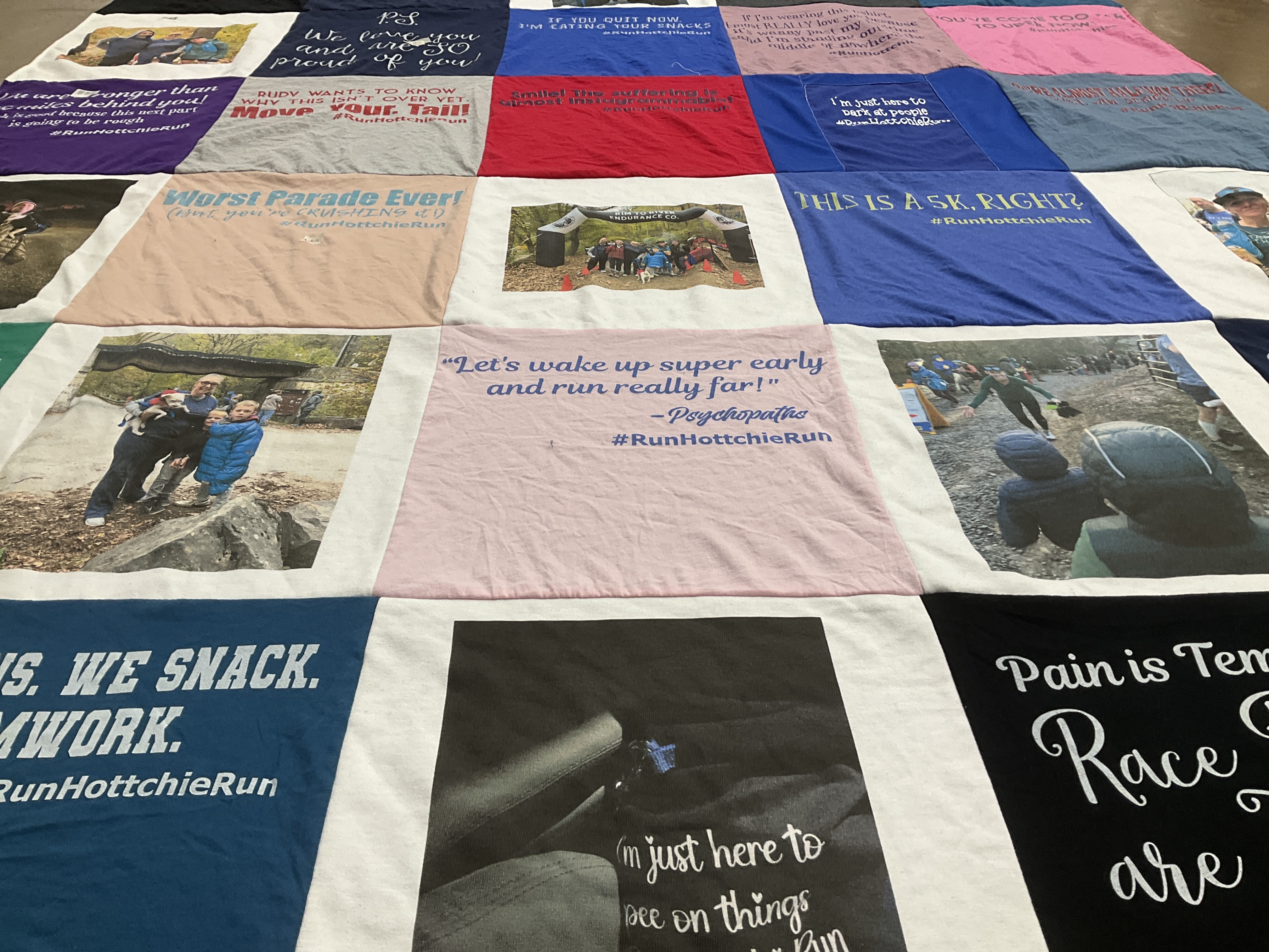 T-shirt quilt with running, fitness themes by Corinne from NJ