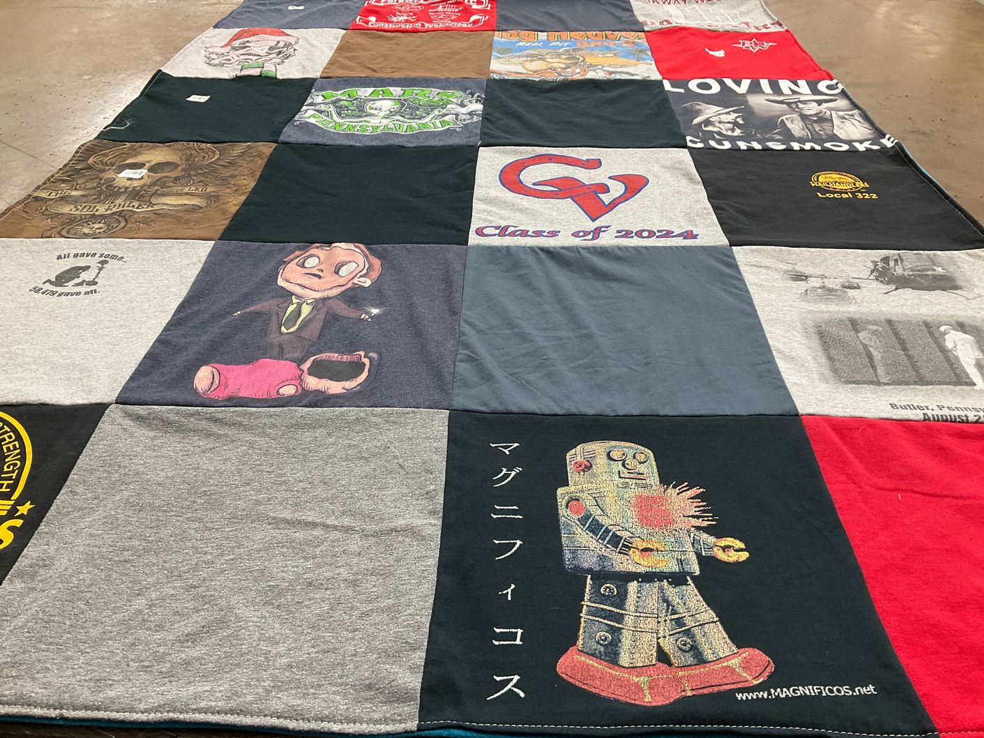 T-shirt quilt with art, comics themes by Michelle from PA
