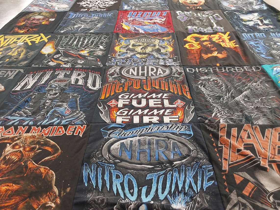 T-shirt quilt with music, motorsports themes by Zoe from TX