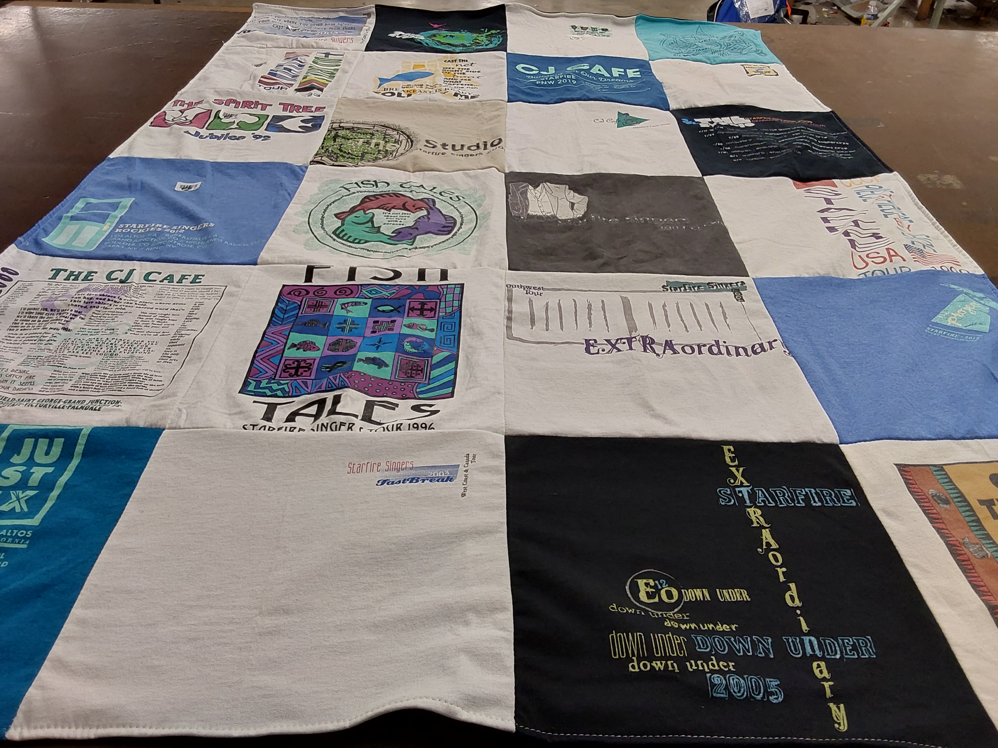 T-shirt quilt with singing, cafe culture themes by Janice from OR