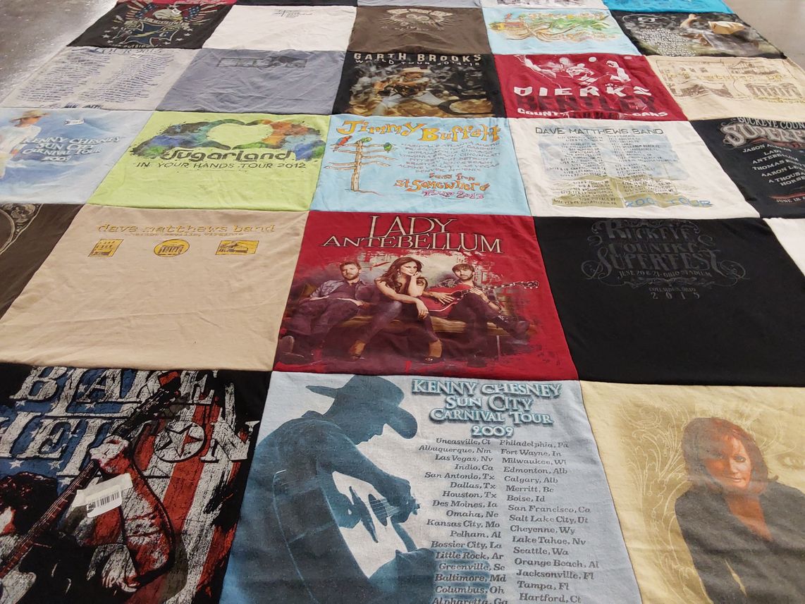 T-shirt quilt with country music, concerts themes by Donna from OH