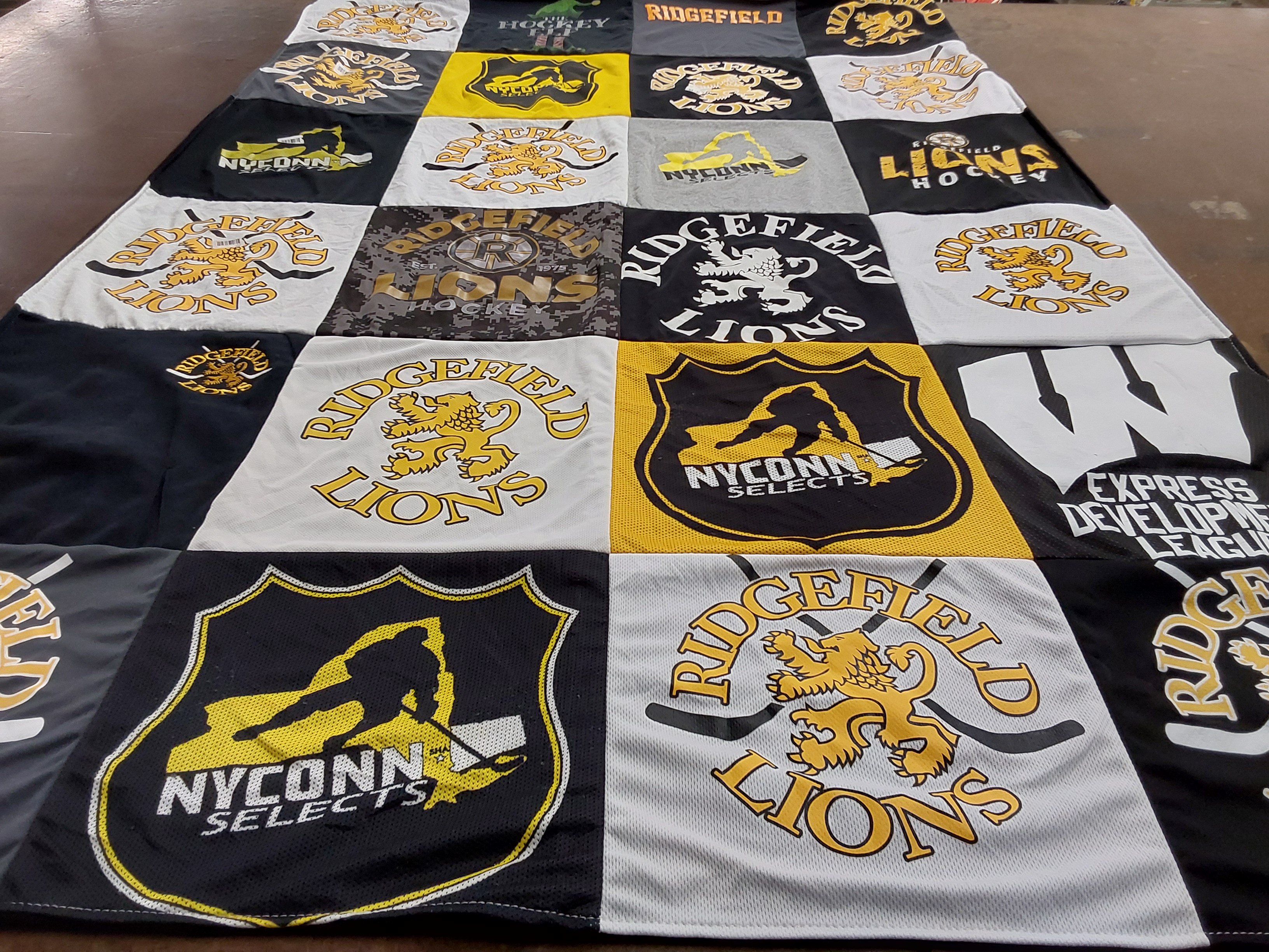T-shirt quilt featuring ridgefield lions hockey team by Tiffany from CT
