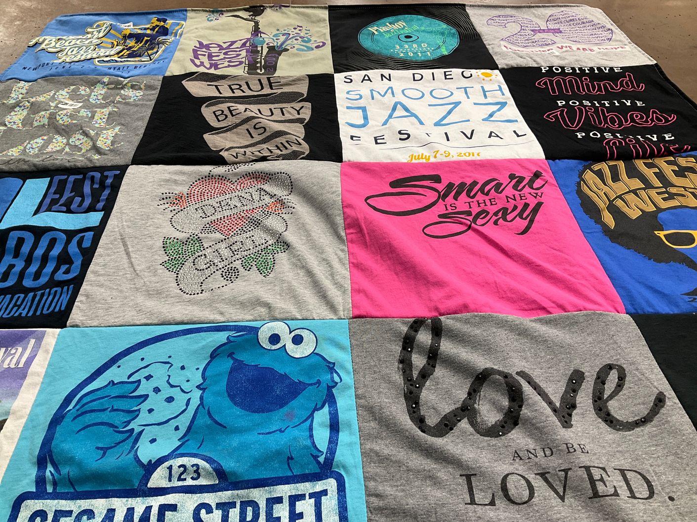 T-shirt quilt with music, jazz themes by Gala from CA