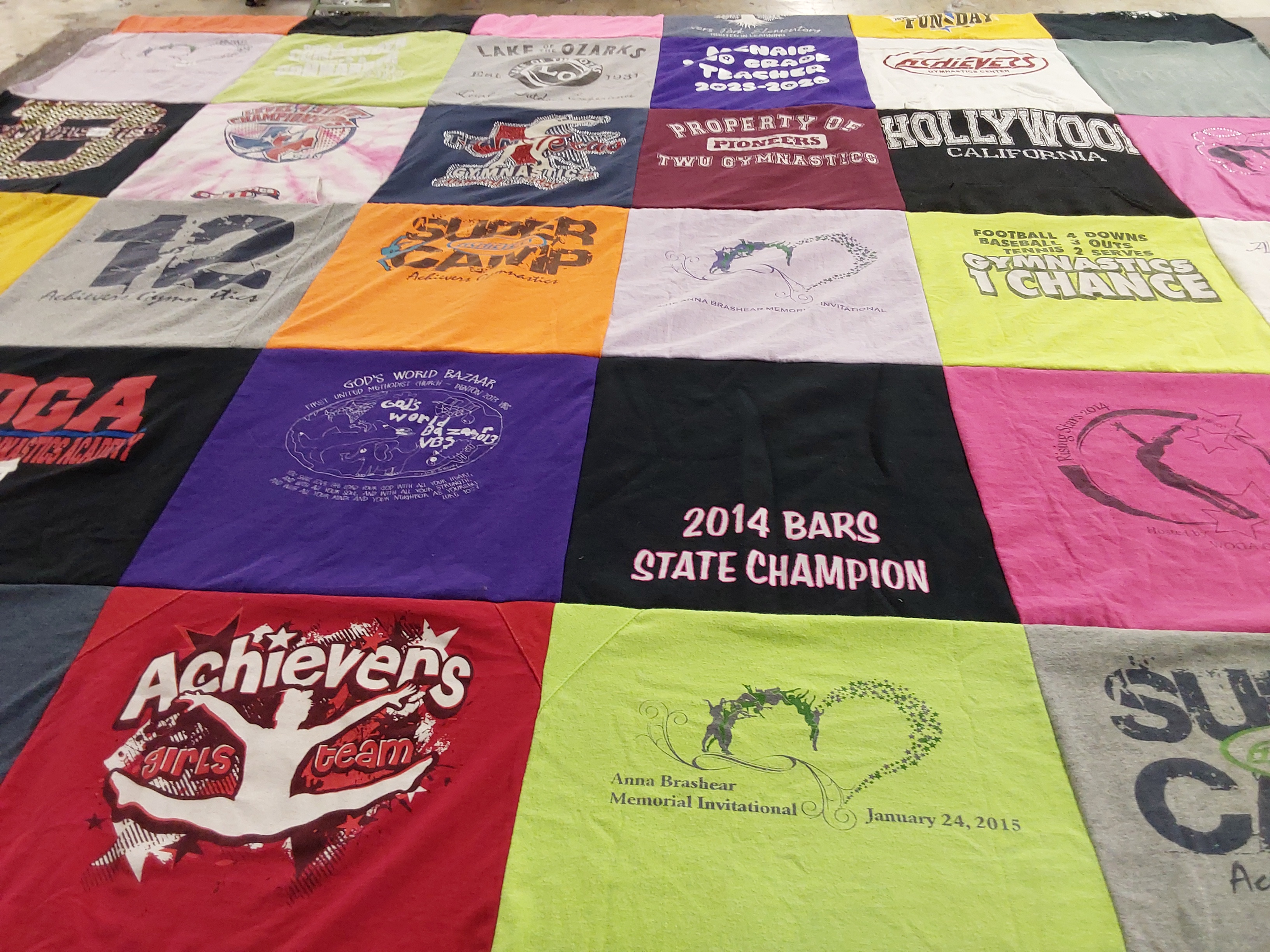 T-shirt quilt with gymnastics, sports themes by Sonya from TX