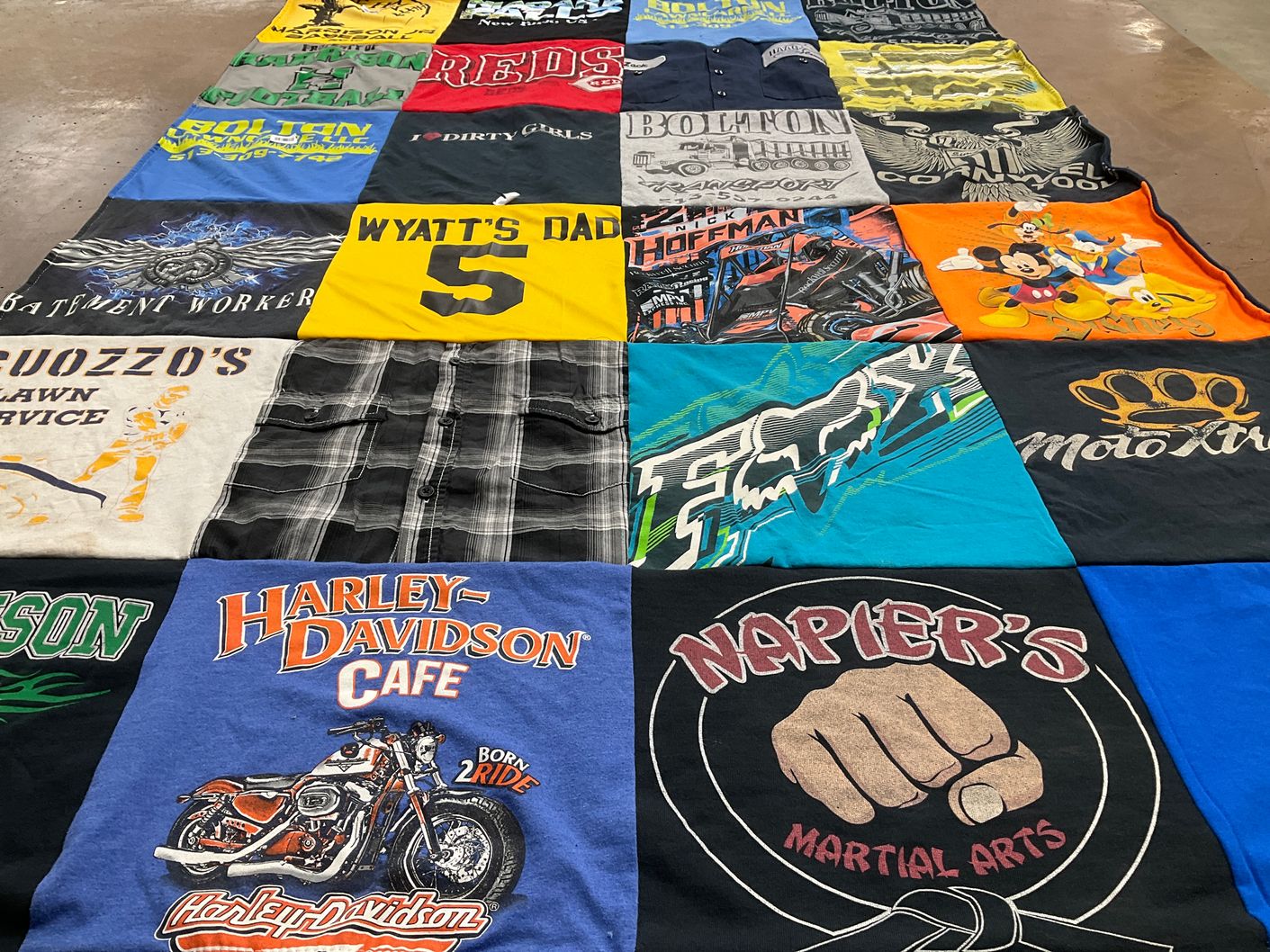 T-shirt quilt with motorcycles, martial arts themes by Amanda from KY