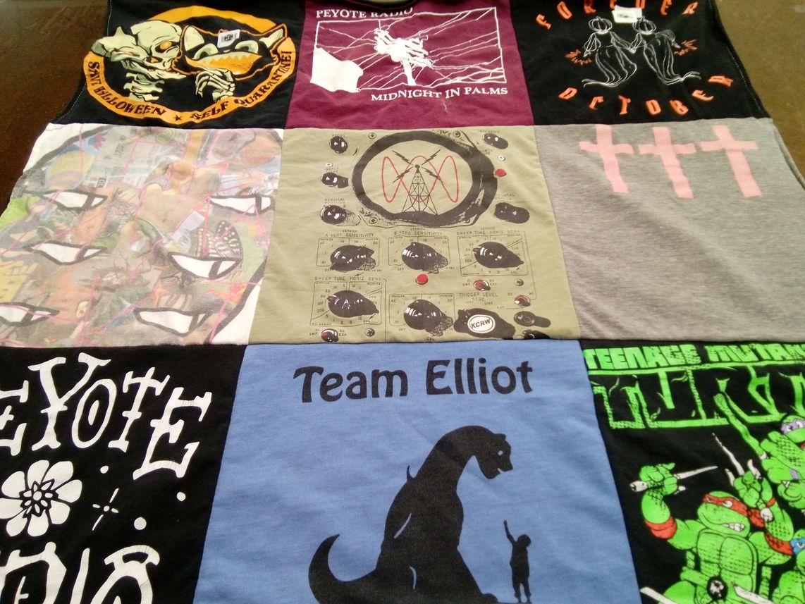 T-shirt quilt with halloween, music themes by Emily from CA