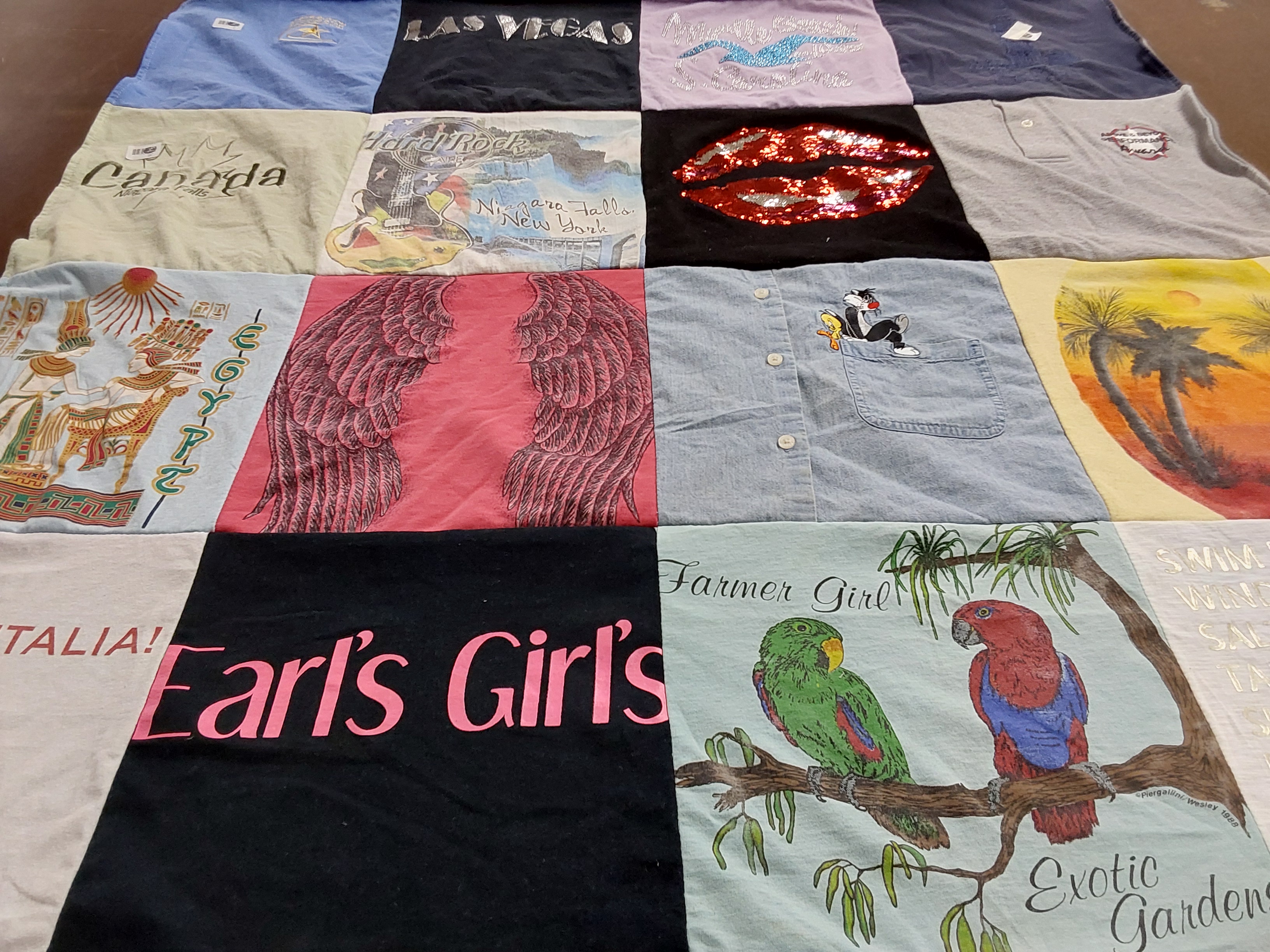 T-shirt quilt with travel, music themes by Cassandra from PA