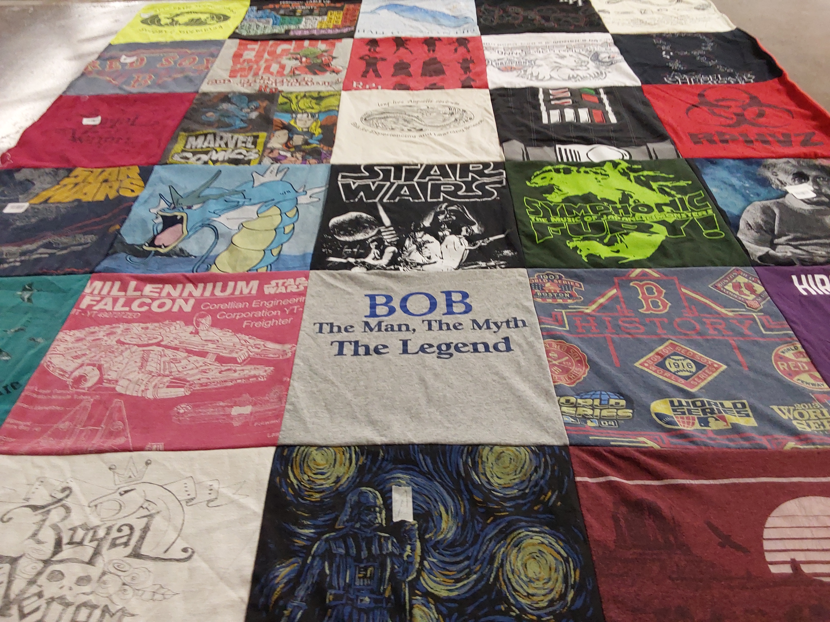 T-shirt quilt with star wars, marvel comics themes by Sarah from NY