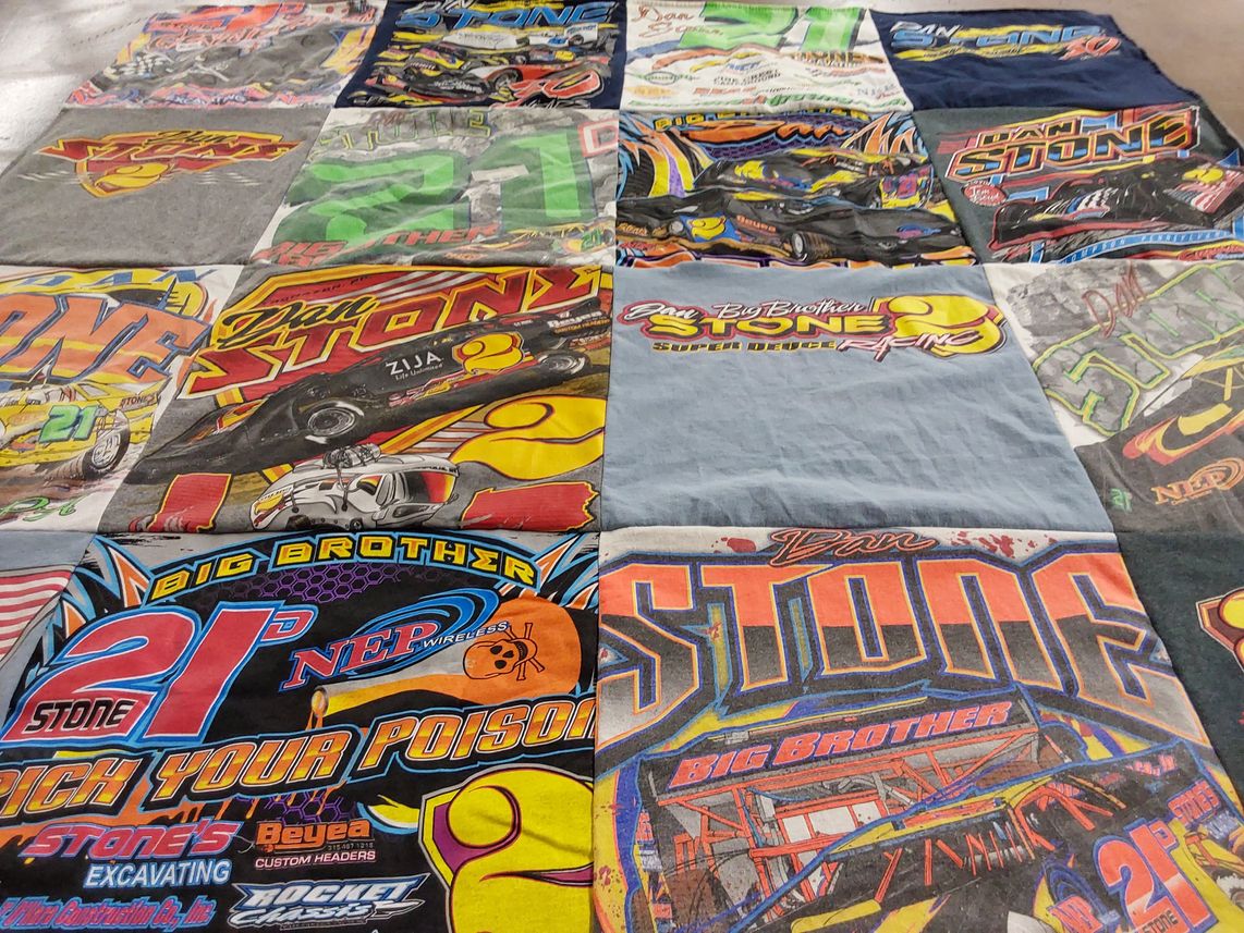 T-shirt quilt with racing, motorsports themes by Jennifer from PA