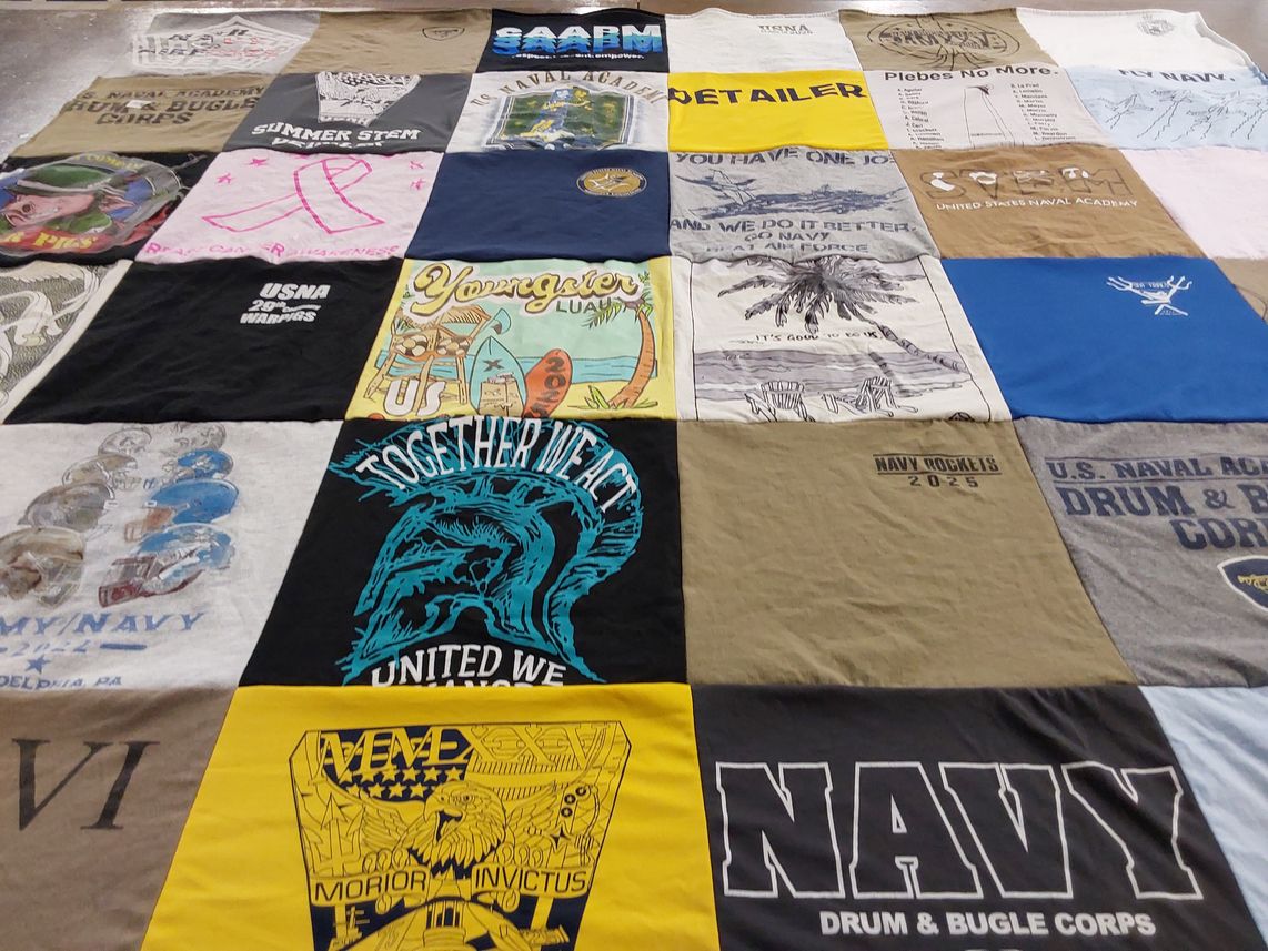 T-shirt quilt featuring navy rockets by Jennifer from PA