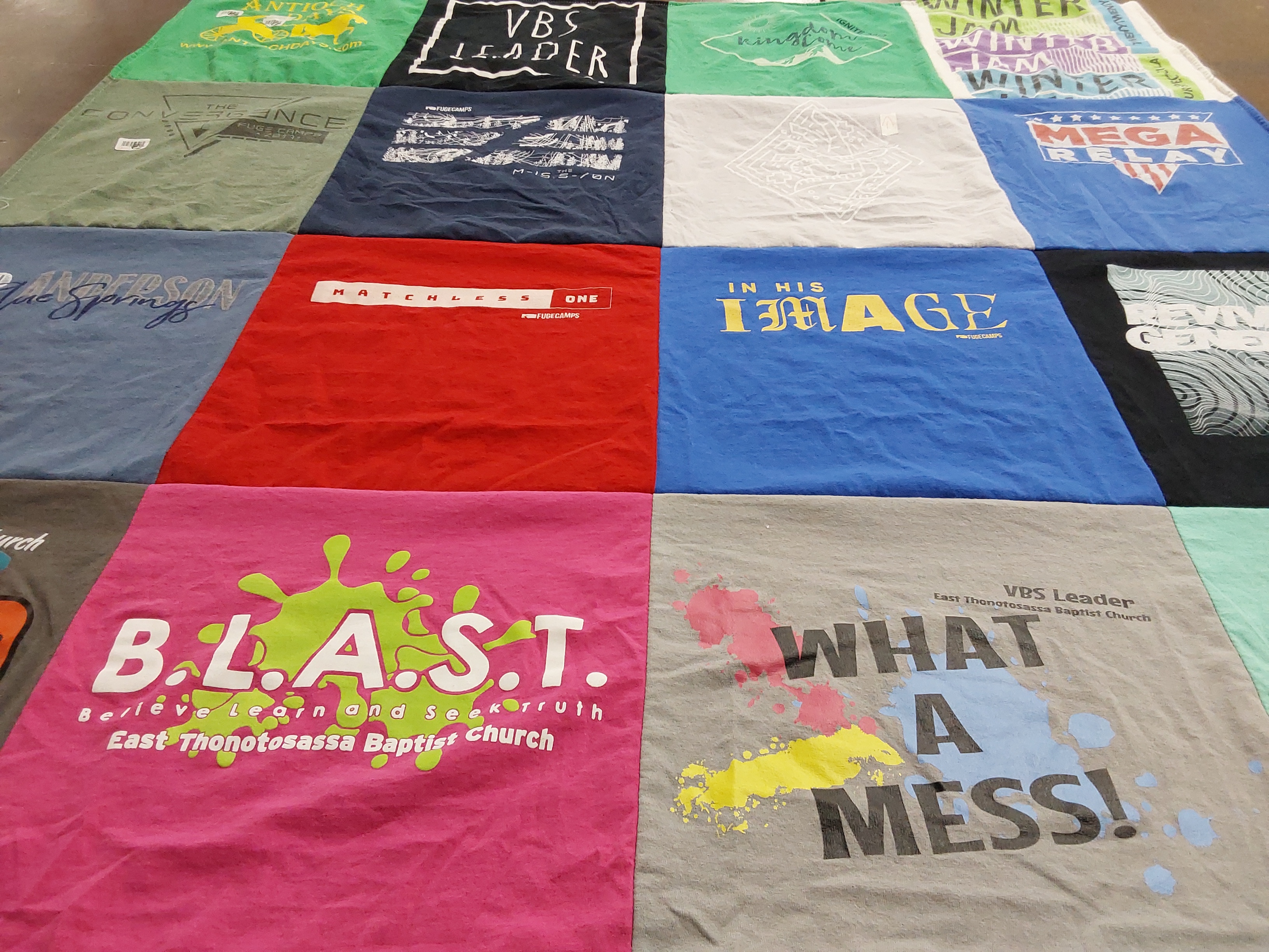 T-shirt quilt with youth ministry, community service themes by Rebecca from FL