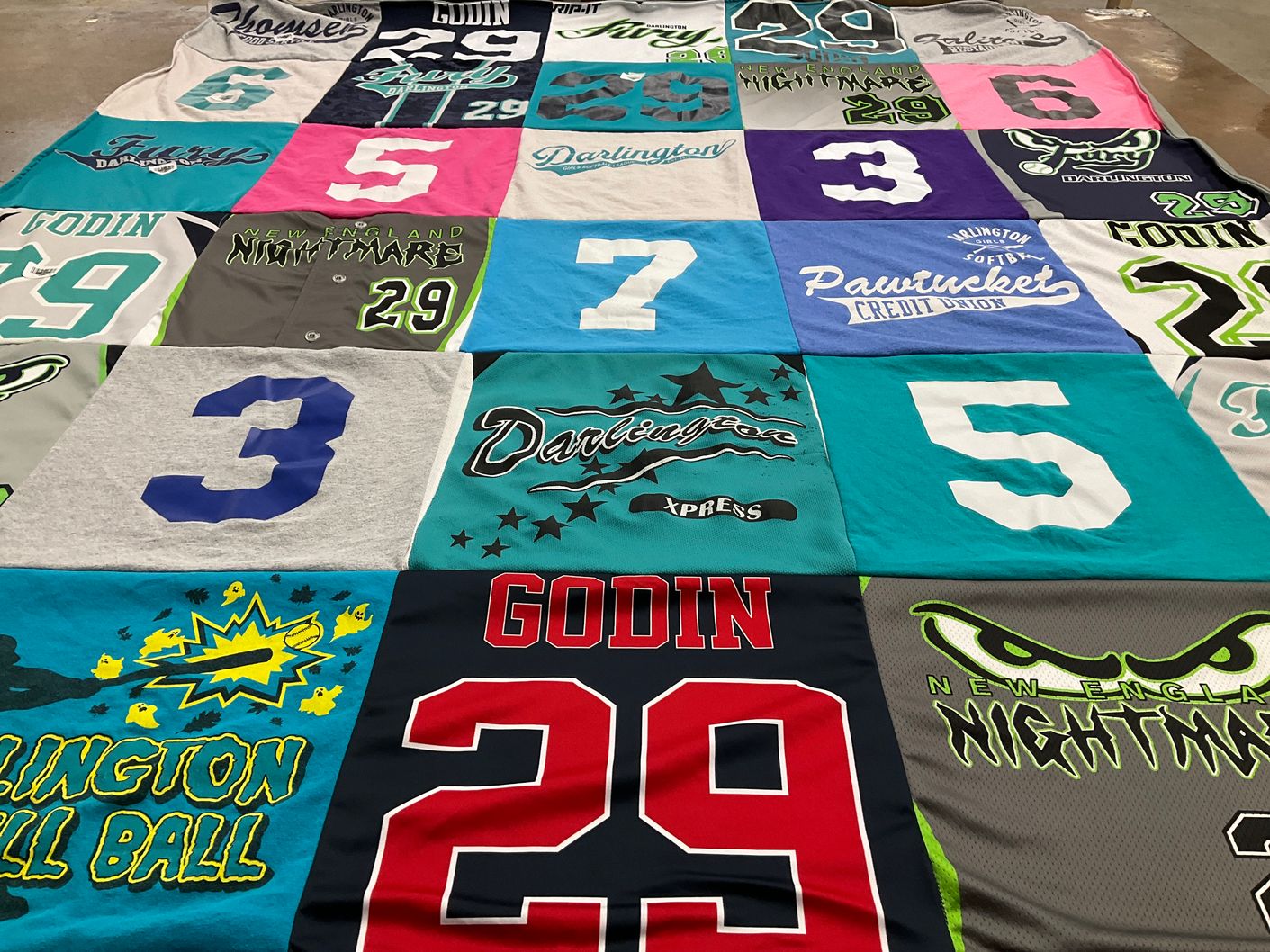T-shirt quilt with softball, sports themes by Joseph from RI