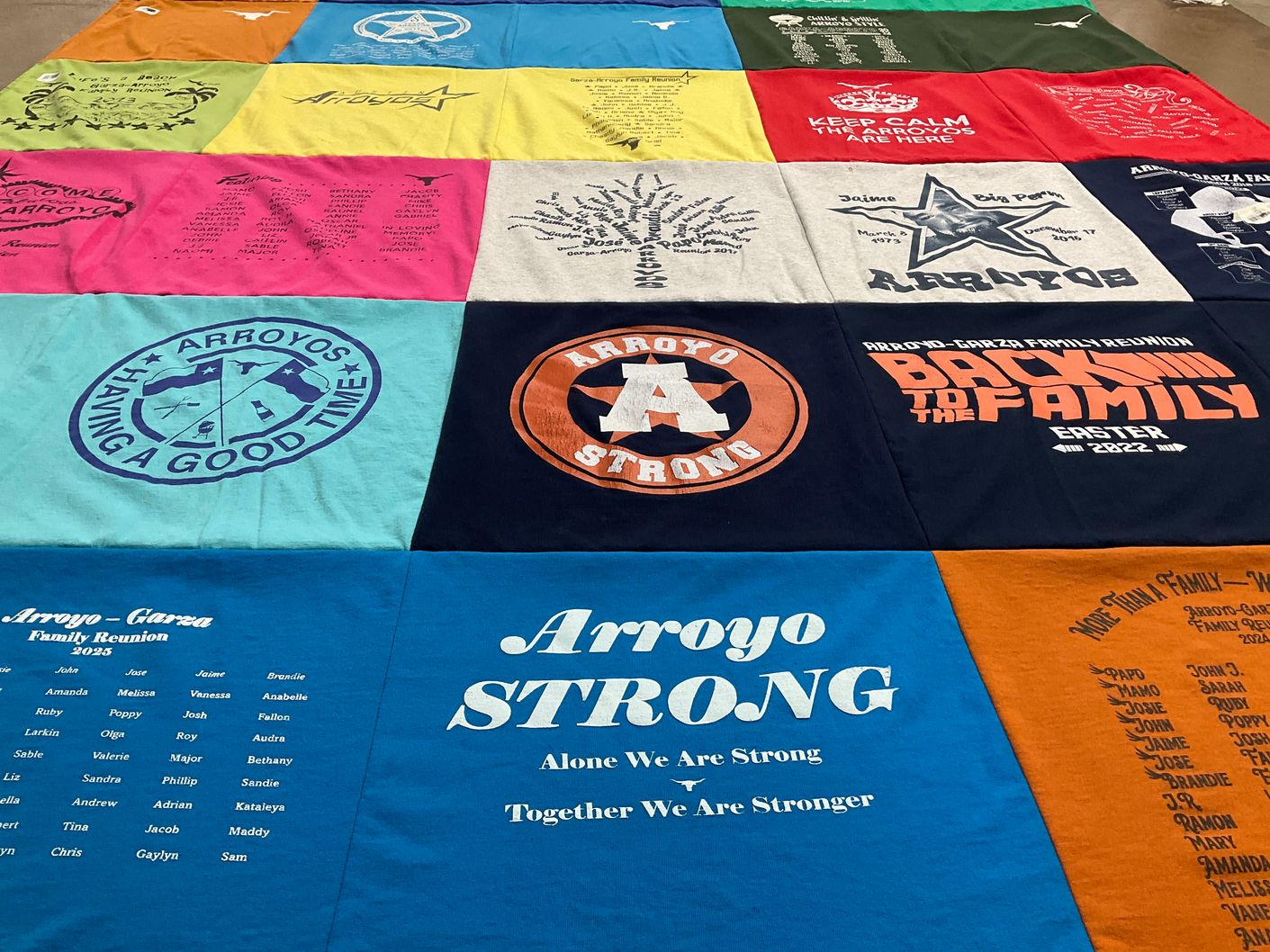 T-shirt quilt with family reunions, community themes by Olga from TX