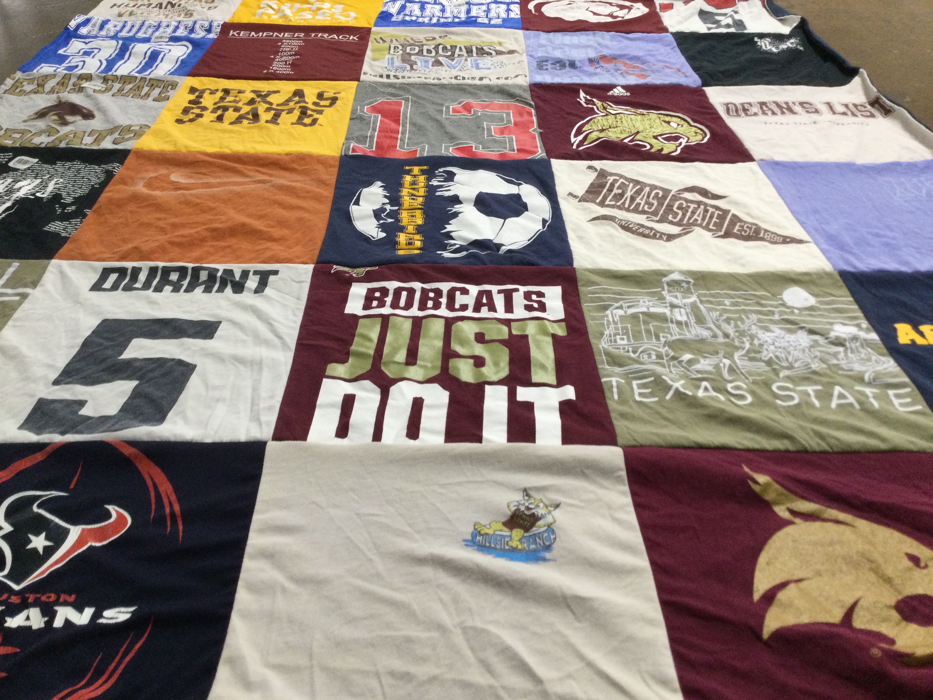 T-shirt quilt featuring texas state bobcats, houston texans by Edith from TX