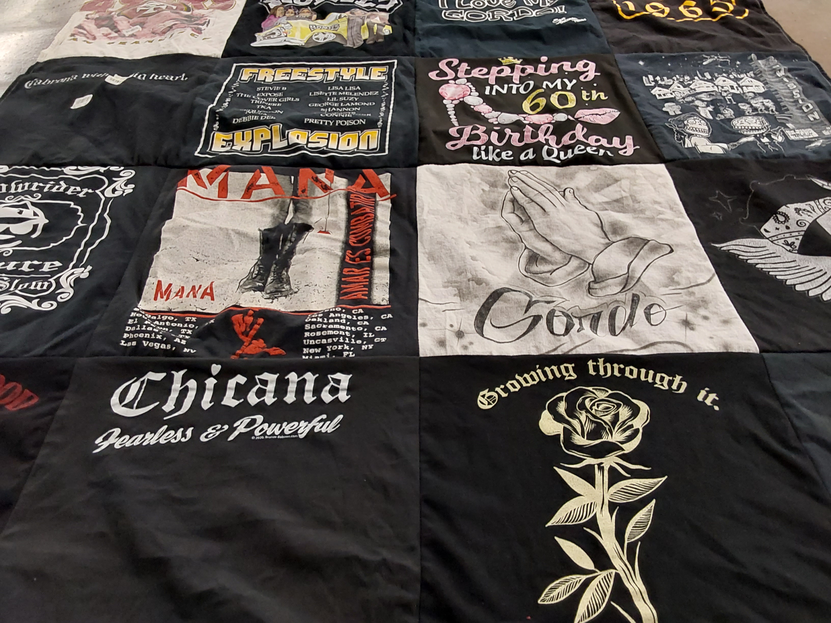T-shirt quilt with music, birthdays themes by Dolores from CA