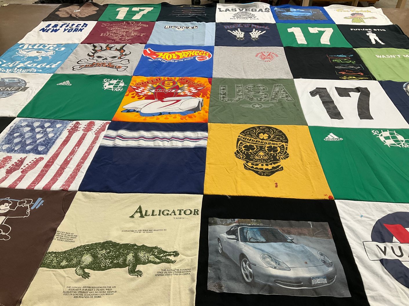 T-shirt quilt with cars, music themes by Ben from CT