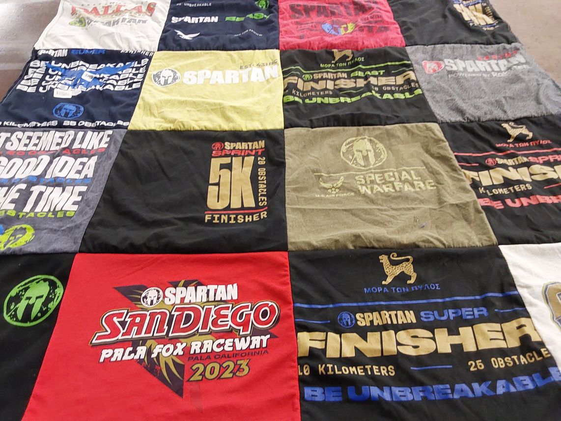 T-shirt quilt with obstacle course racing, fitness themes by Jennifer from TX