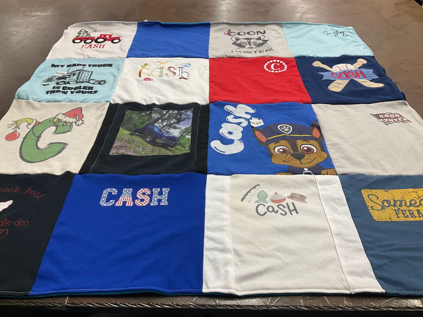 T-shirt quilt with trucks, hunting themes by Maggie from GA