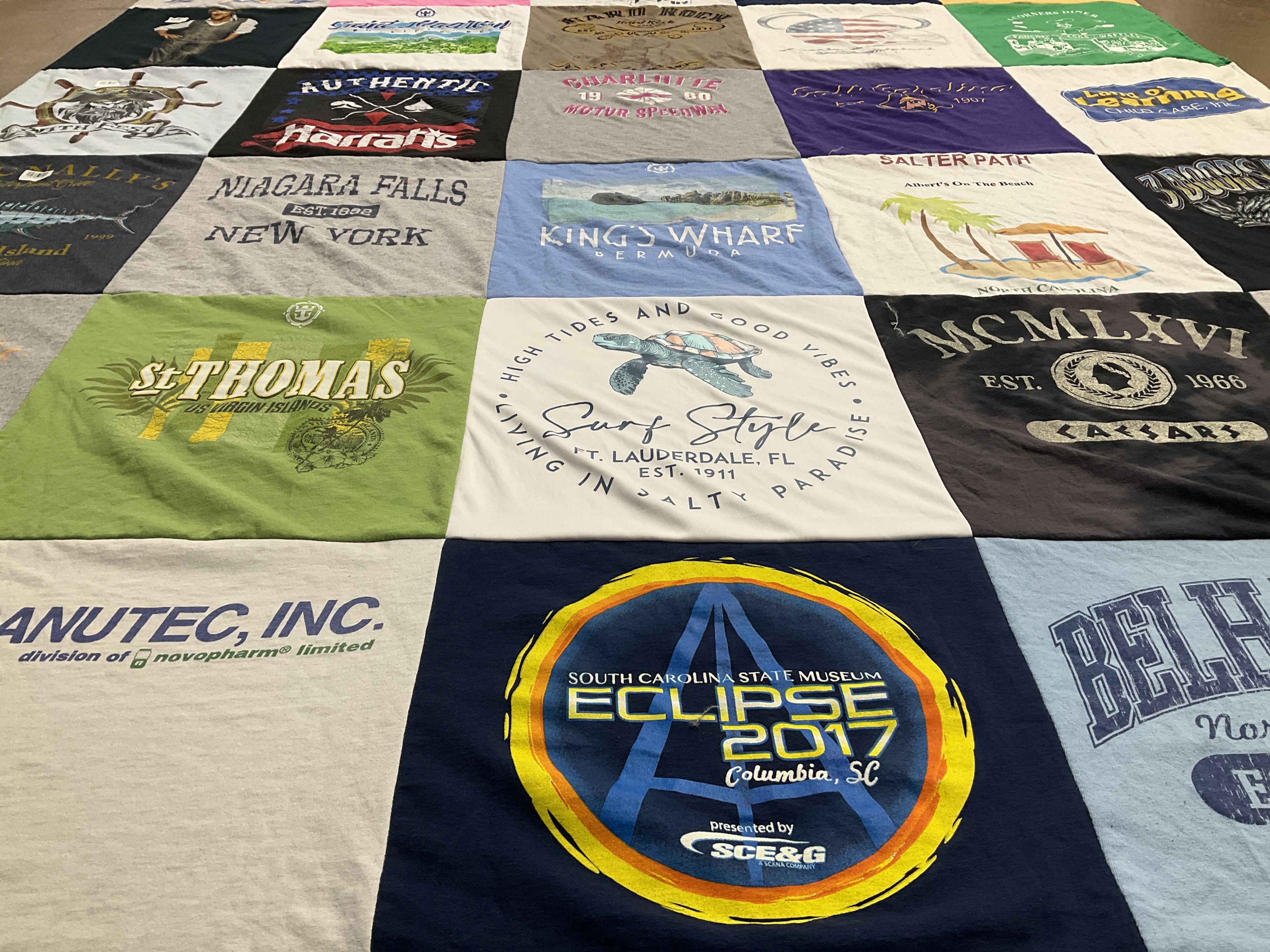 T-shirt quilt with travel, beaches themes by Christy from NC