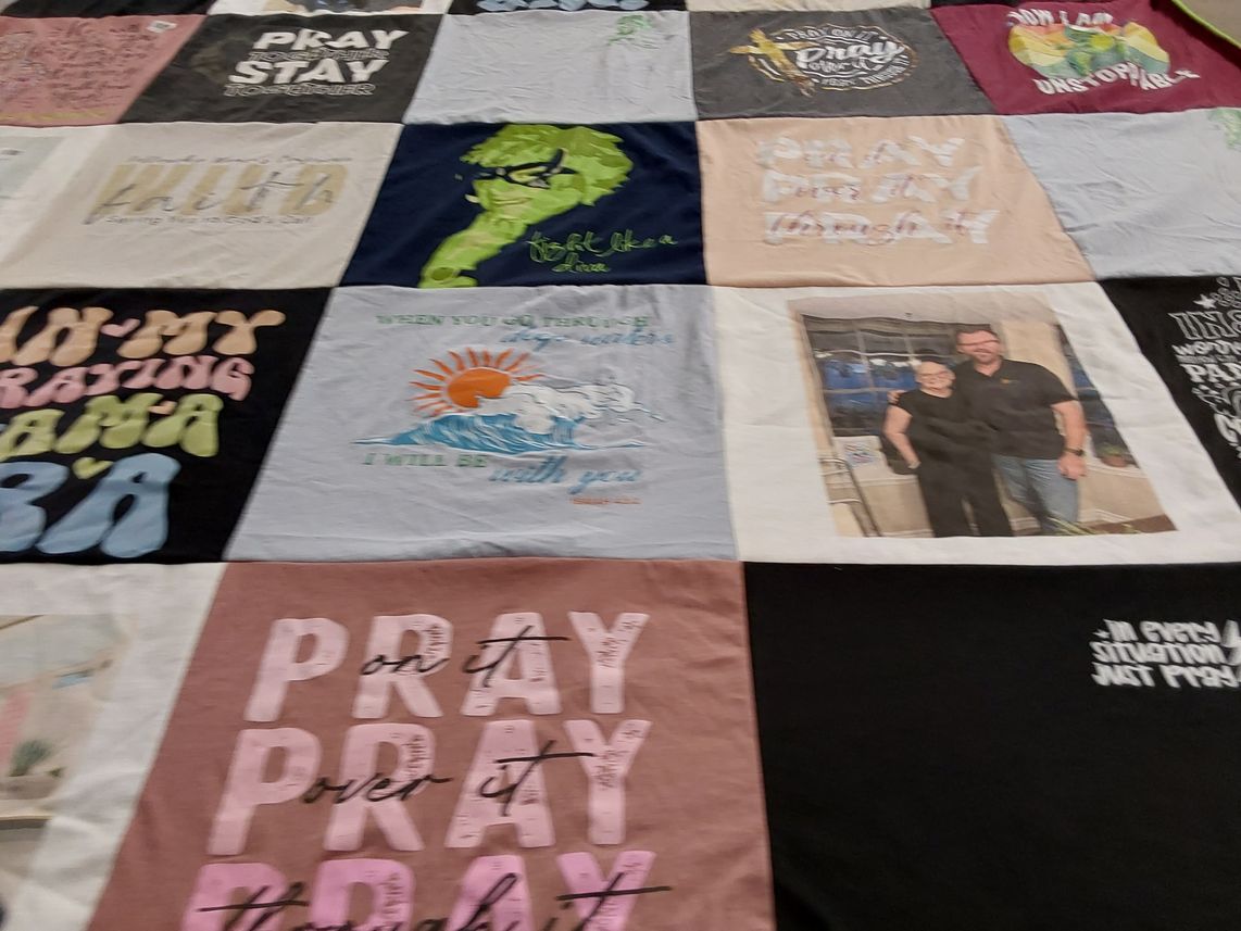 T-shirt quilt with faith, prayer themes by Melody from TX