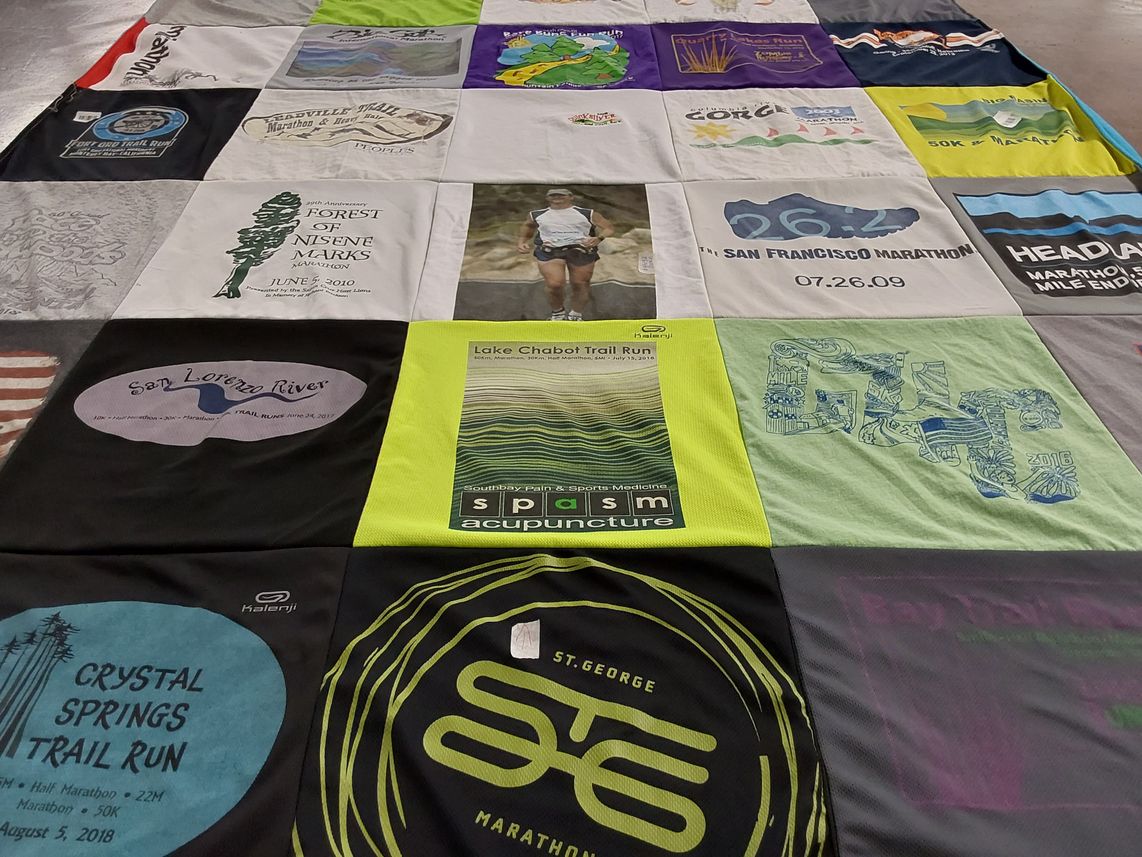 T-shirt quilt with running, marathons themes by Mollie from OR