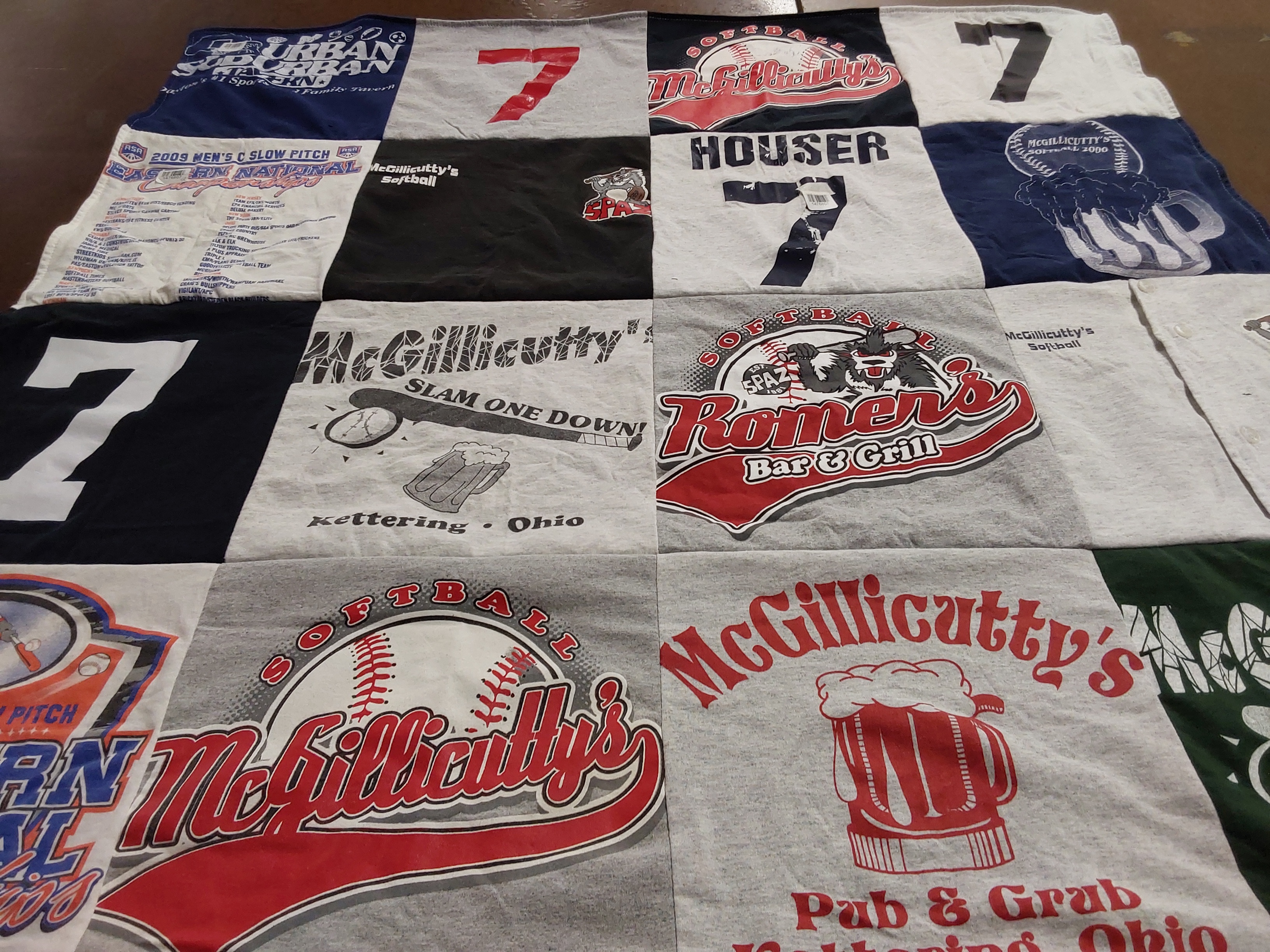 T-shirt quilt with softball, drinking themes by Deborah from OH