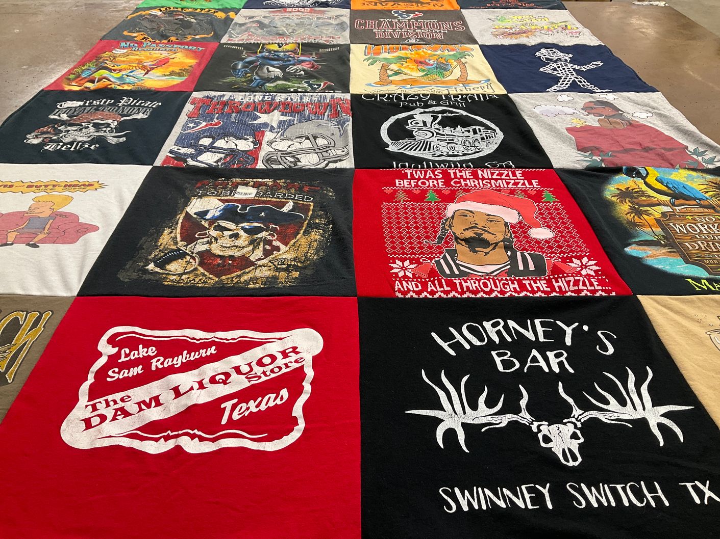 T-shirt quilt with pirates, bars themes by ELIZABETH from TX