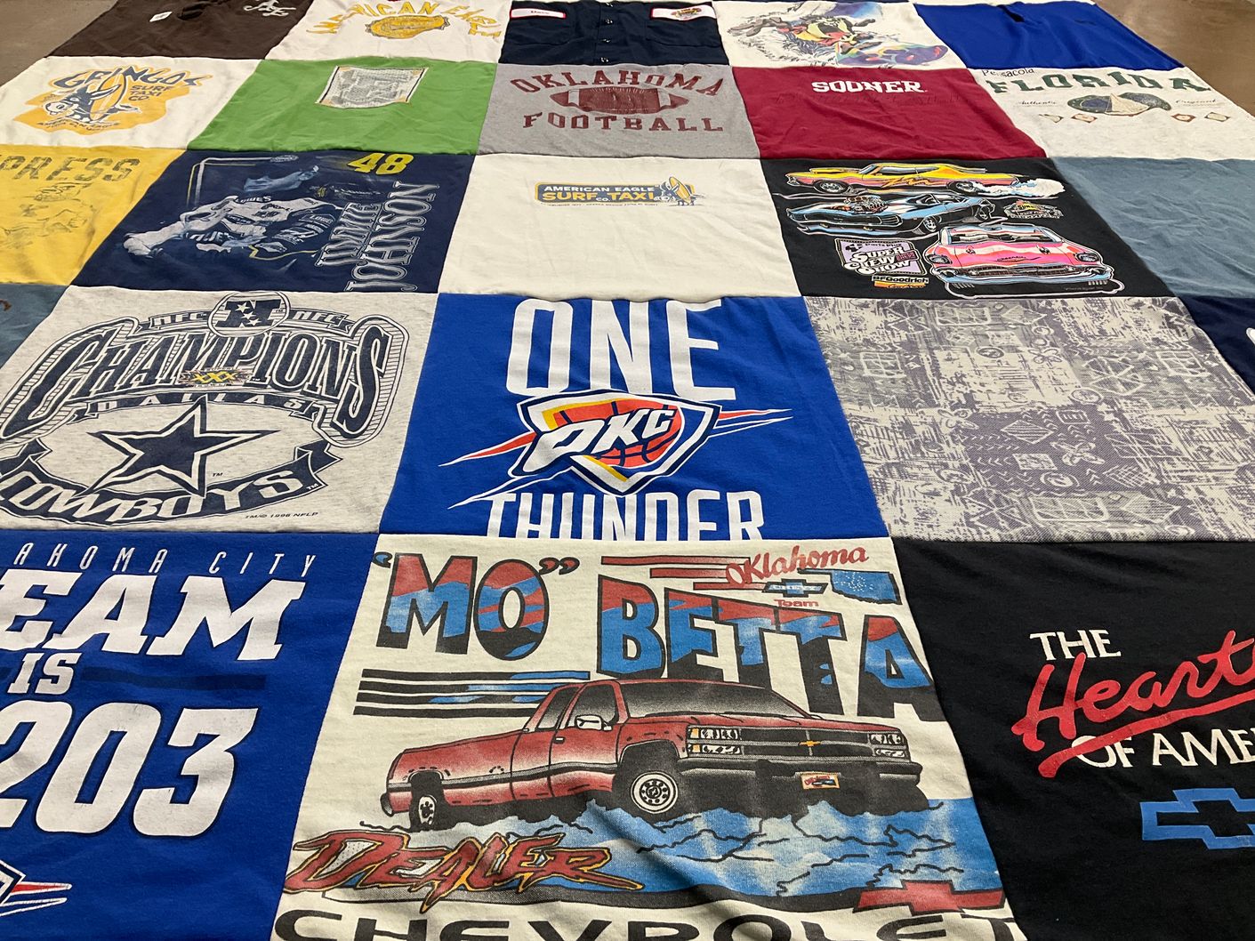 T-shirt quilt featuring oklahoma sooners, oklahoma city thunder by Sara from OK