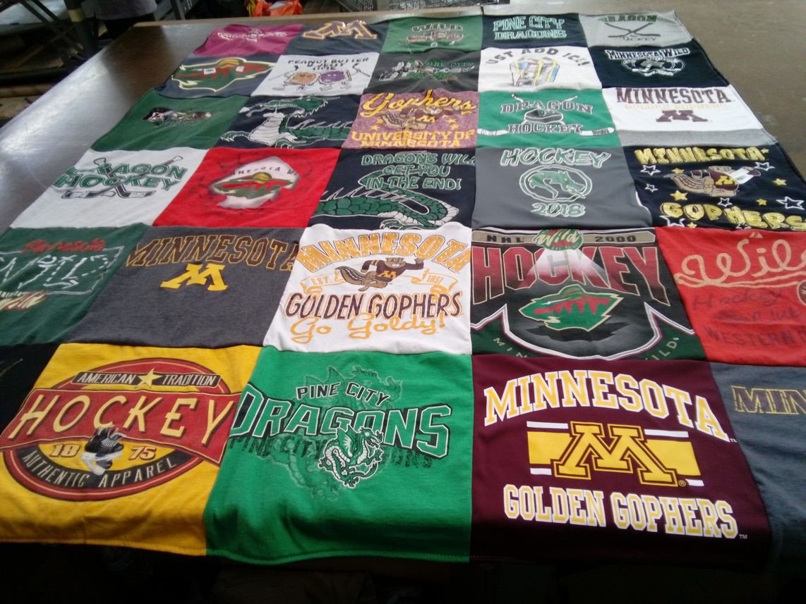 T-shirt quilt featuring minnesota golden gophers, pine city dragons by Nancy from MN