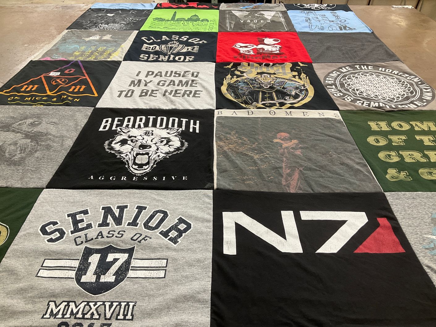 T-shirt quilt with music, gaming themes by Ann from OH