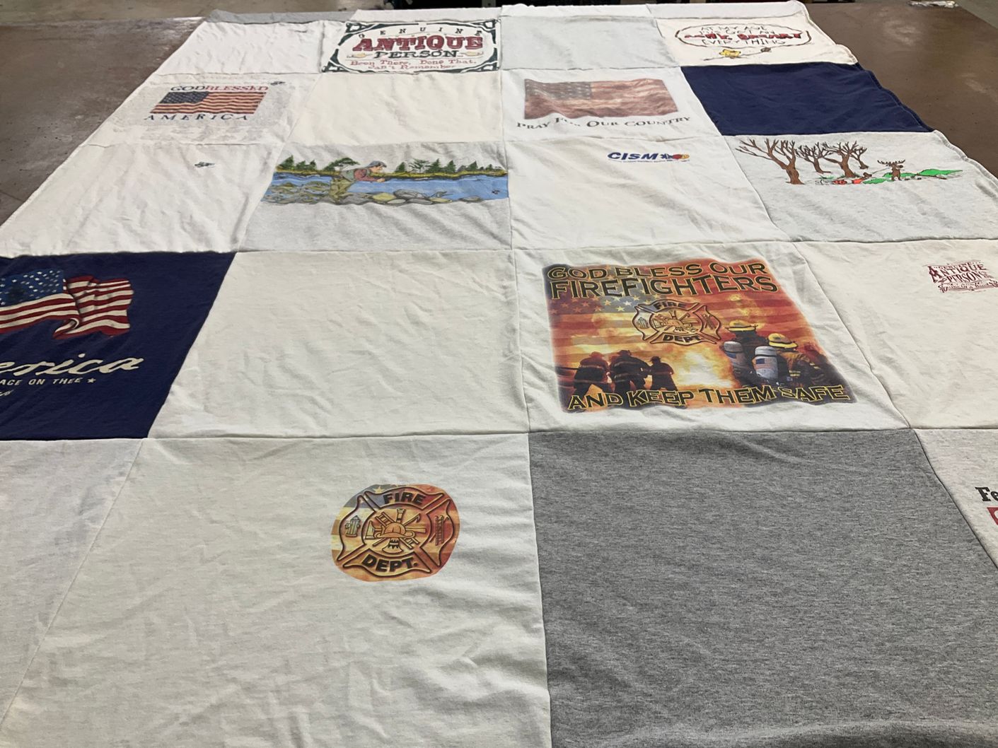 T-shirt quilt with firefighting, patriotism themes by Tami from CT