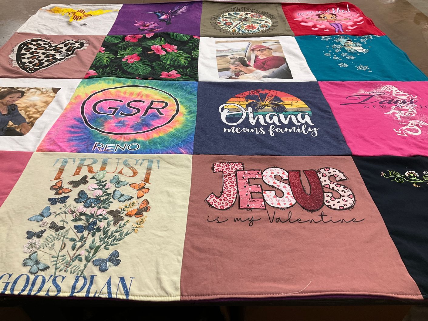 T-shirt quilt with family, faith themes by Mary from CA