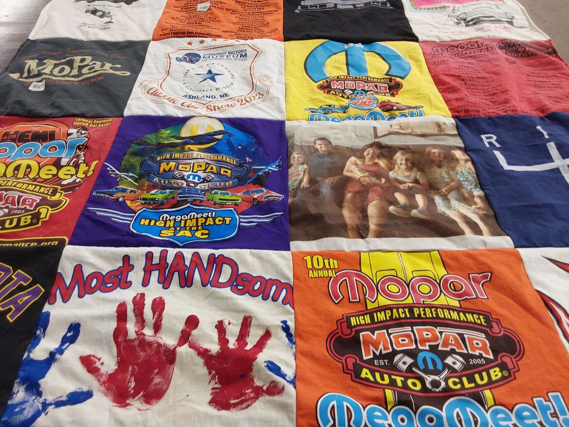 T-shirt quilt with cars, automotive themes by Amanda from CA