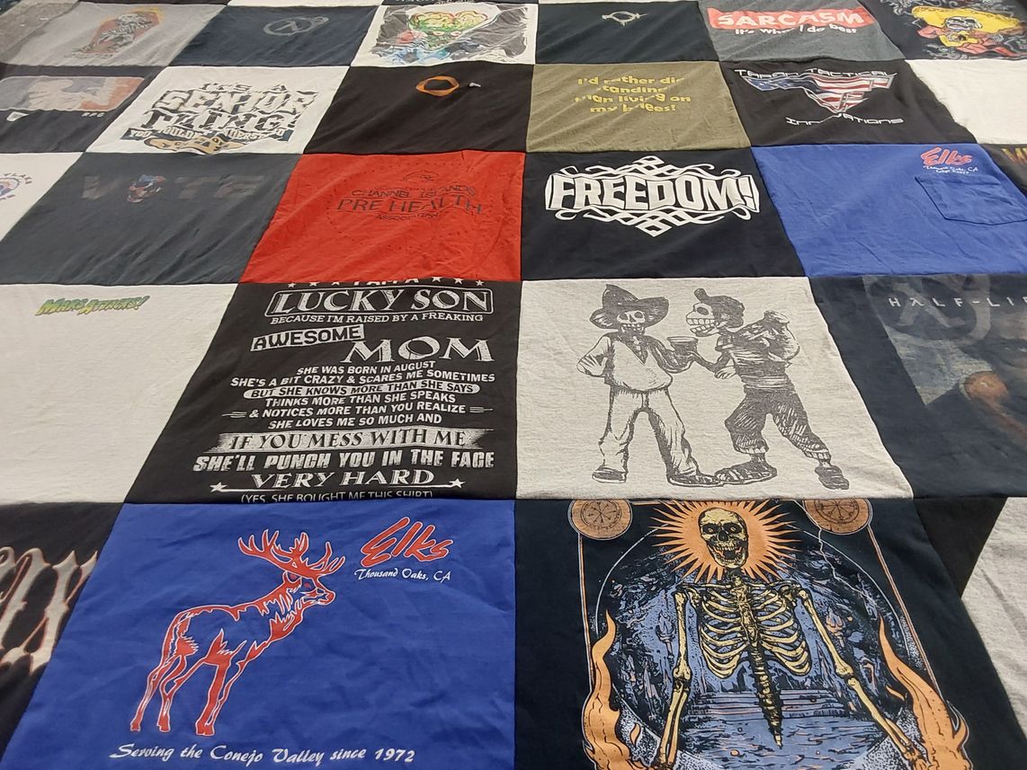 T-shirt quilt with humor, gaming themes by Androniki from CA