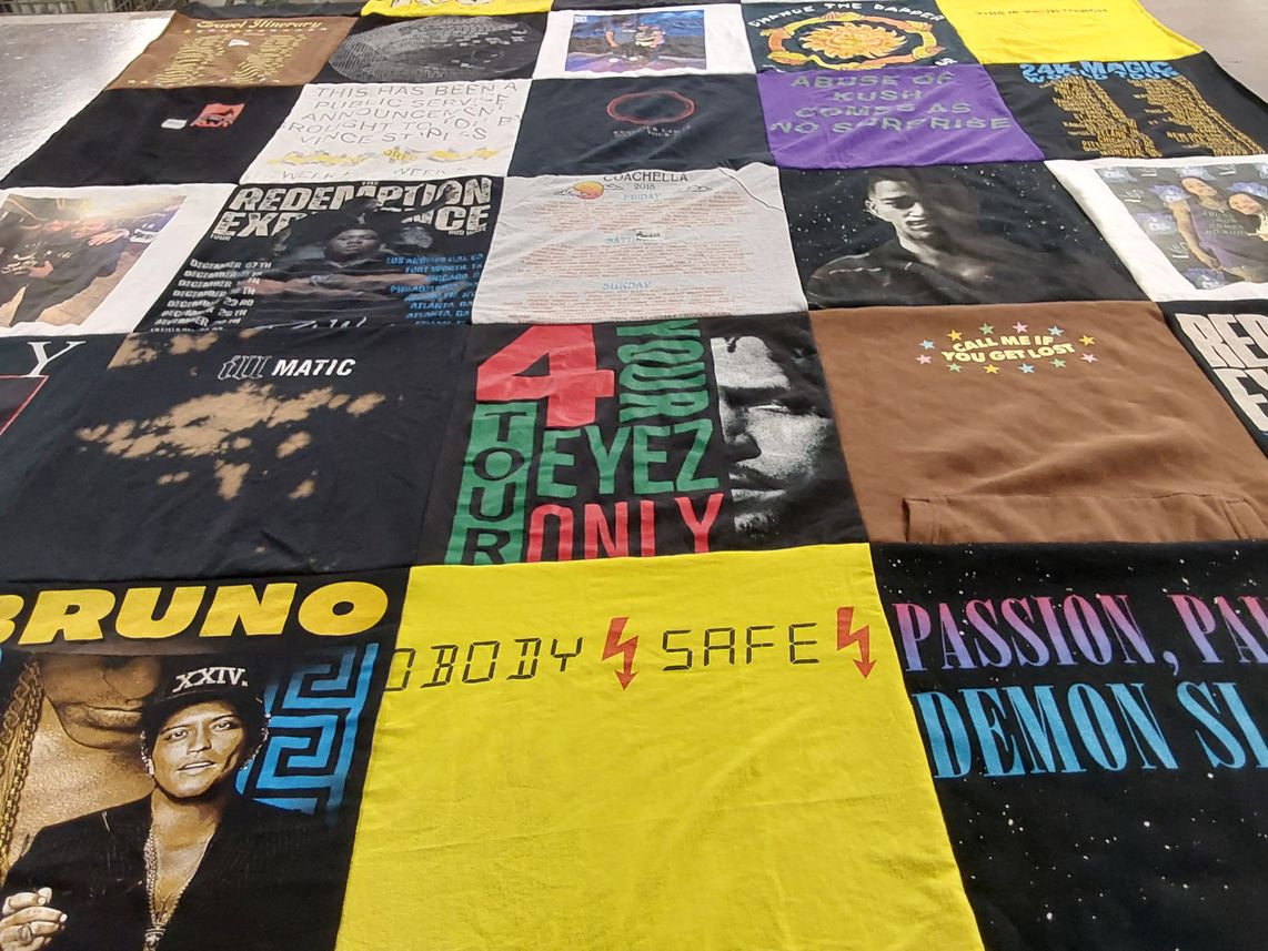 T-shirt quilt with music, concerts themes by Tayler from GA
