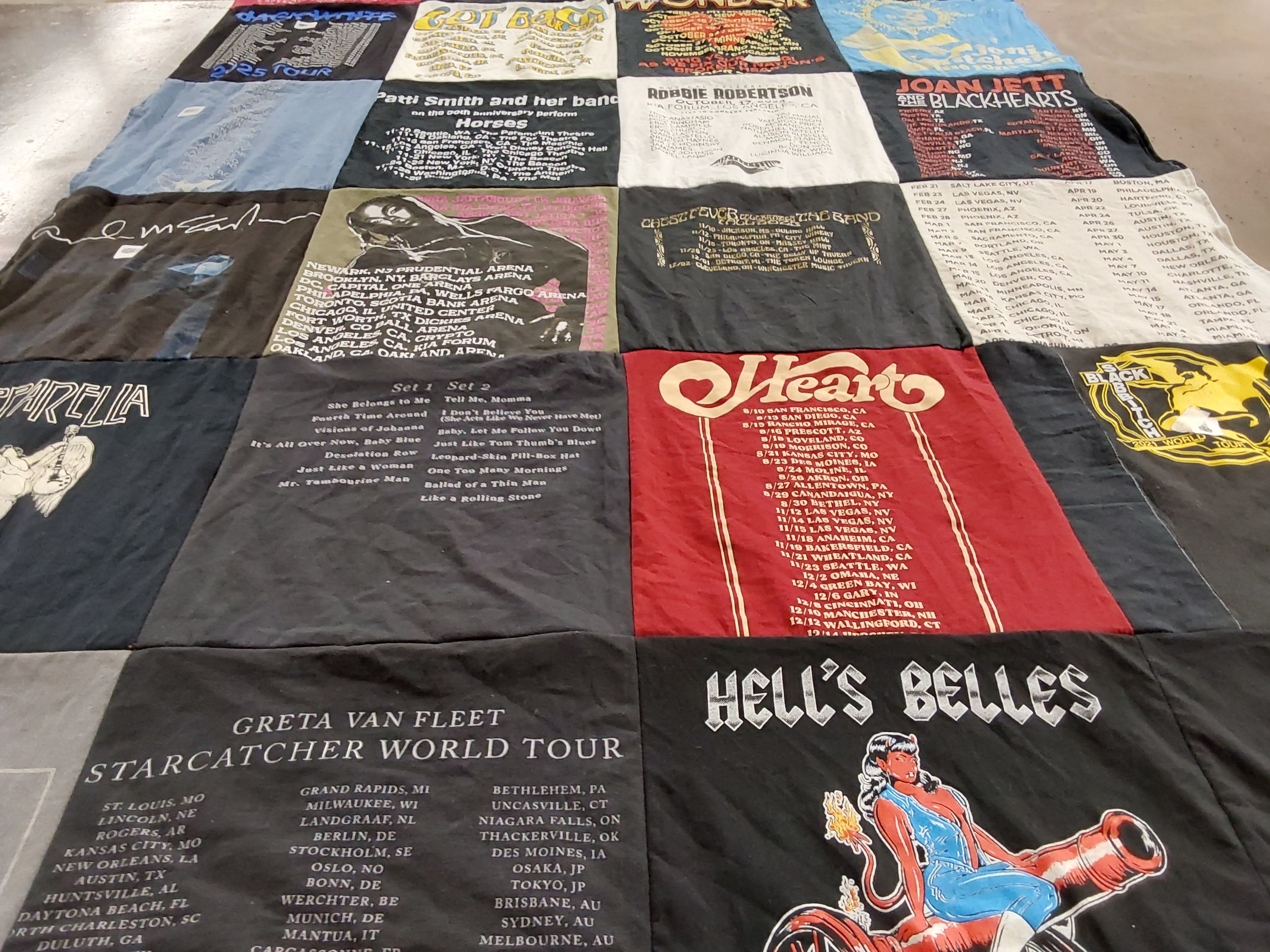 T-shirt quilt with music, concerts themes by Monica from CA